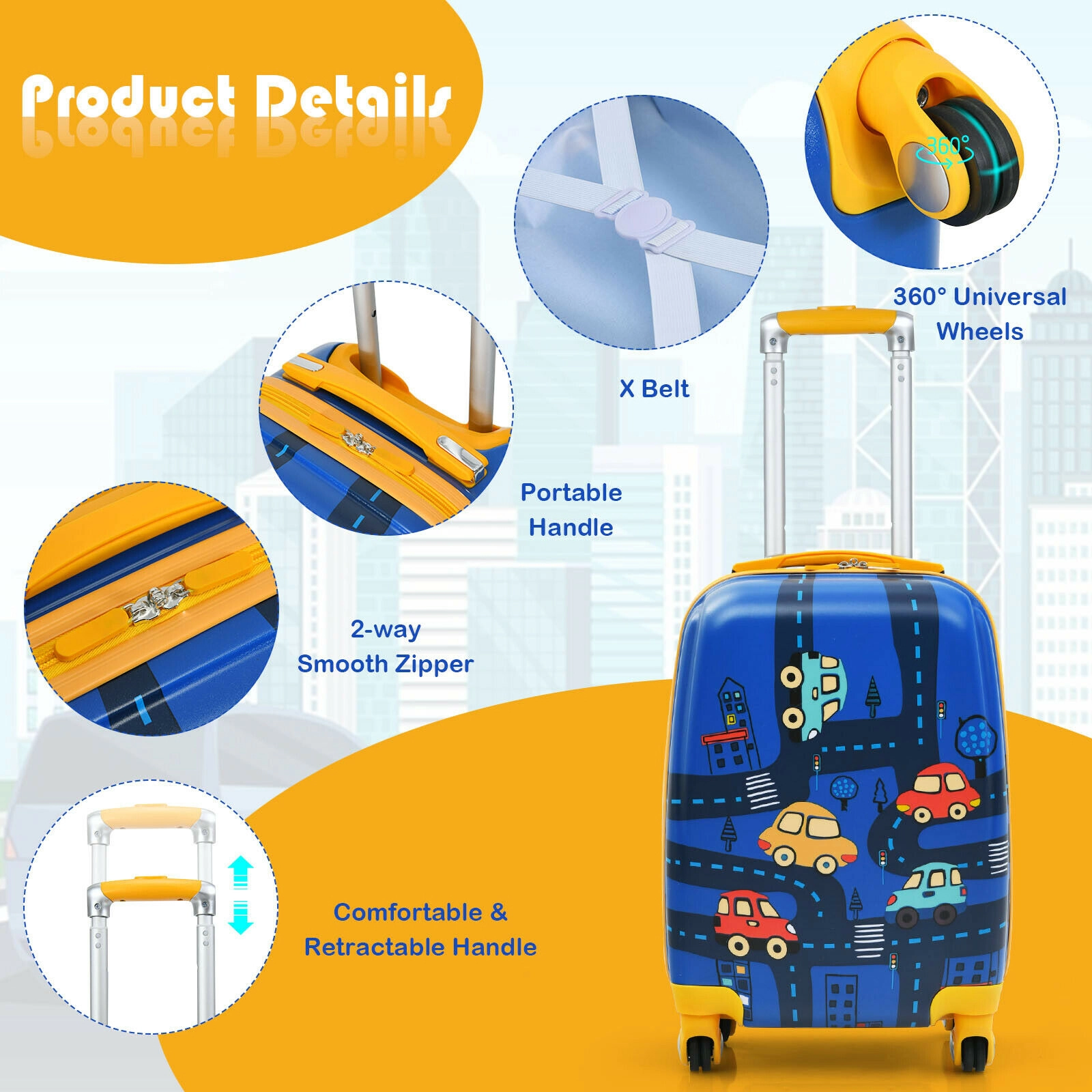 SUGIFT Blue 2-Piece Kids Luggage Set with 20-in Rolling Case Zippered Side Pocket and 12.5-in Backpack