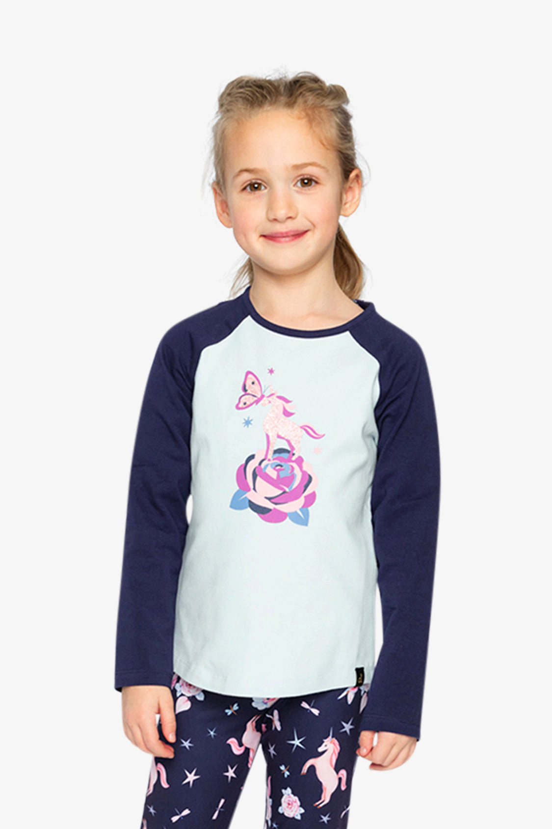 Deux par Girls Raglan Organic Cotton Unicorn and Butterfly Graphic T-Shirt