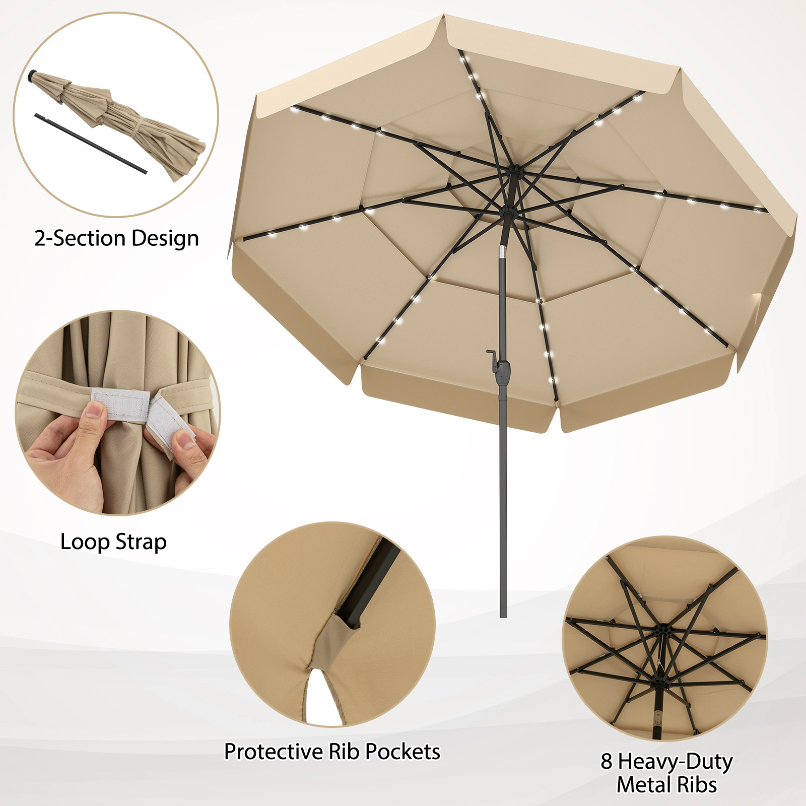 SUGIFT 3-Tier Vented Solar Patio Umbrella LED Lights 10-ft Canopy 10 x 8.1 in with Crank Handle & Push-Button Tilt Beige