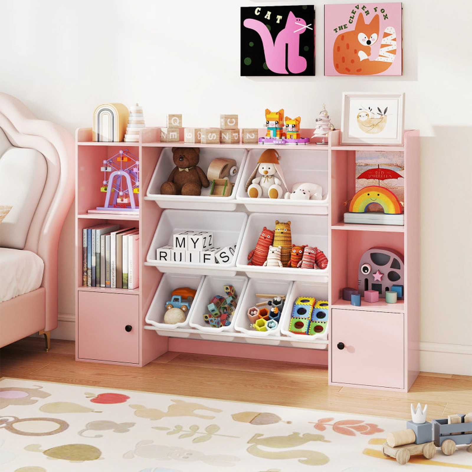 SUGIFT Kids Toy Storage Cabinet and Bookshelf Toy Organizer 385-lb Capacity Ages 3+ with Boxes and Open Shelves Pink