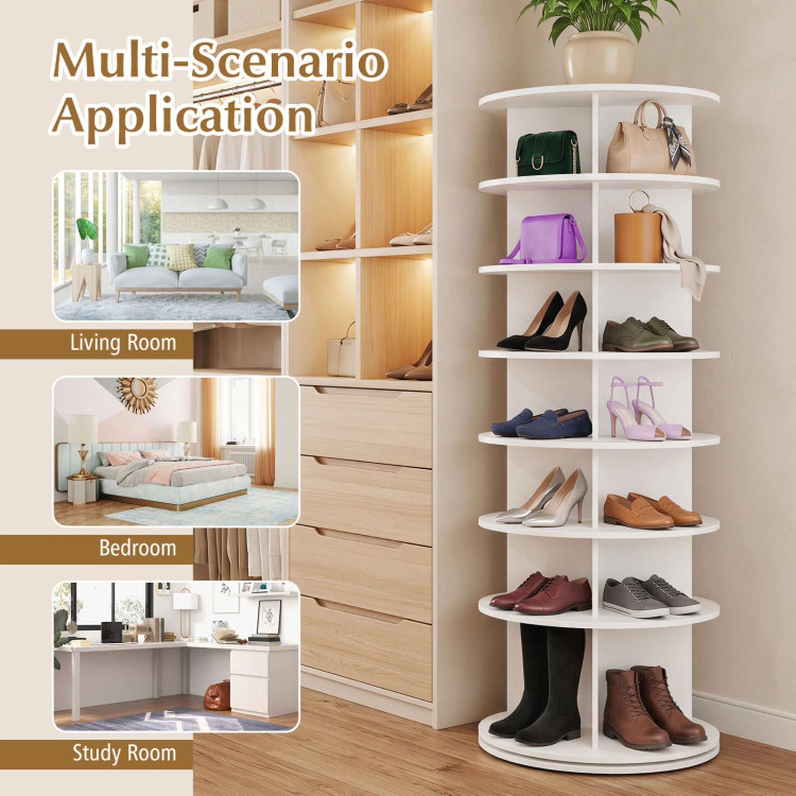 SUGIFT 7-Tier 360° Rotating Shoe Rack Tower Freestanding Organizer 62.5-in Tall 22-lb Tiers Engineered Wood White