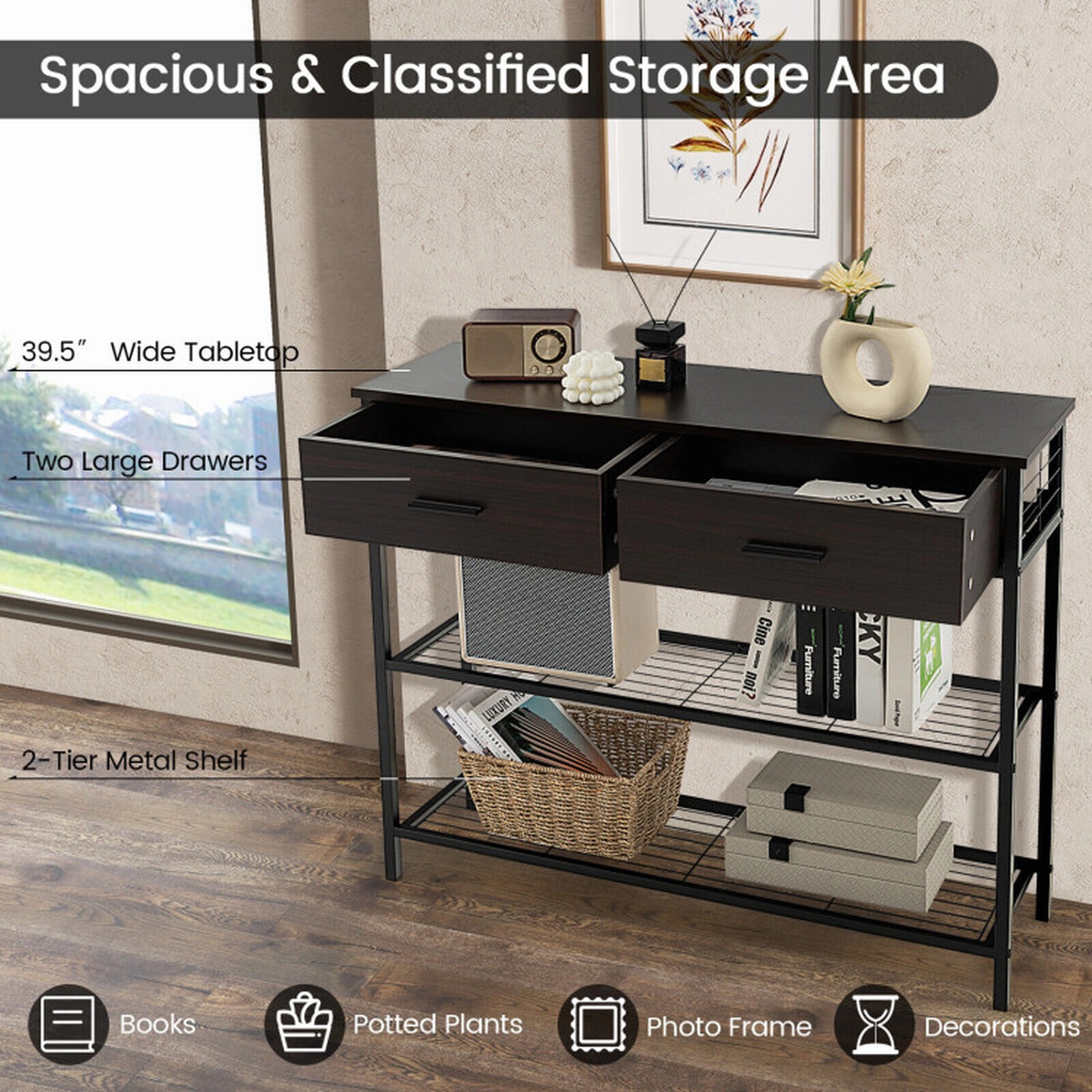 SUGIFT Entryway Table with 2 Drawers and 2-Tier Metal Shelves 88-Lb Tabletop Capacity Dark Brown