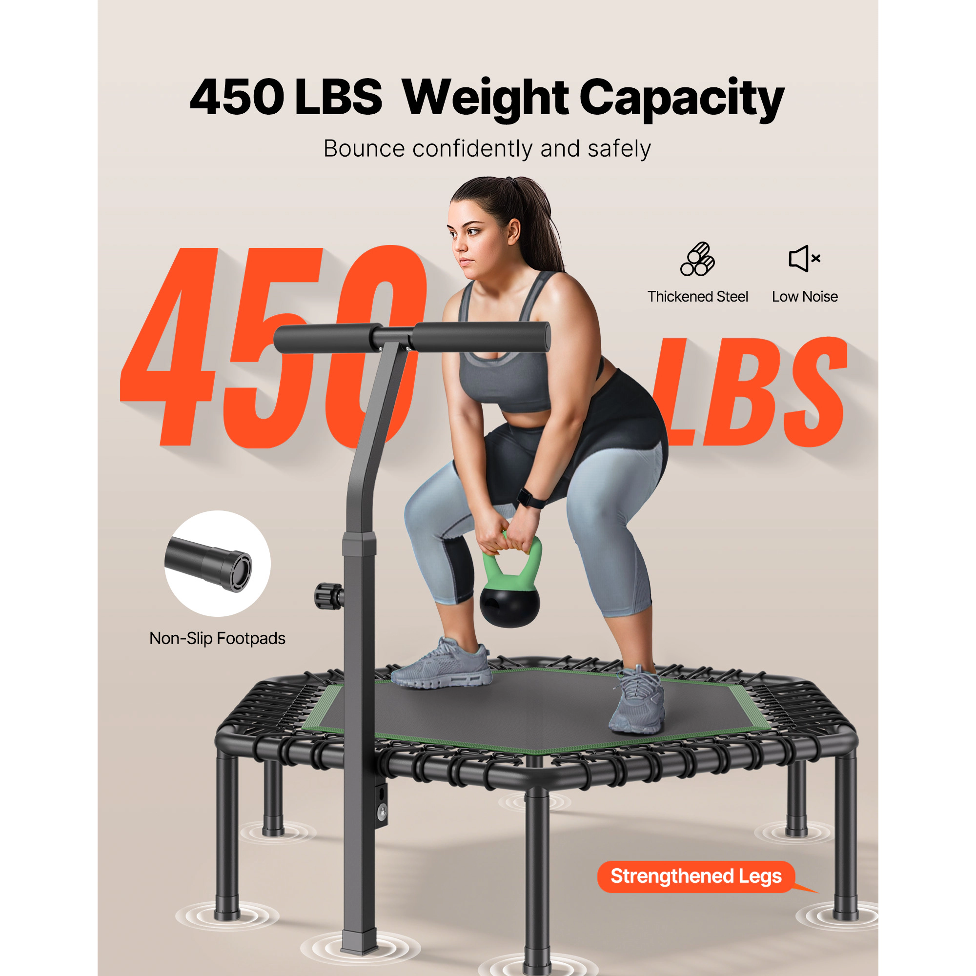 HONGGE 54.5-Inch Mini Trampoline Rebounder for Adults, 450 lbs Capacity, 3-Level Adjustable Handle