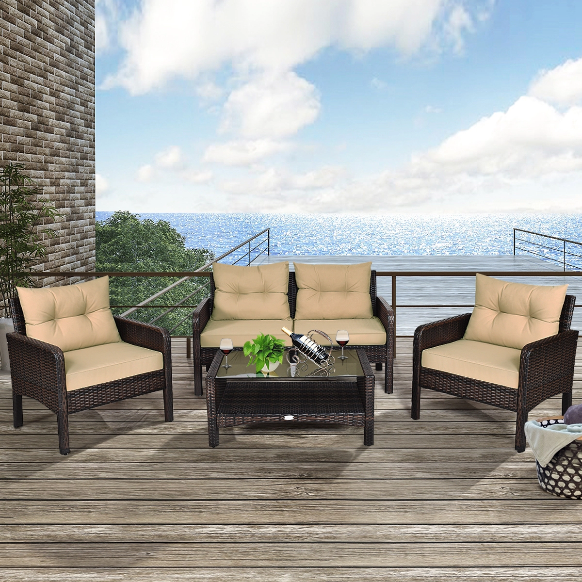 LJG 4 Pieces Outdoor Rattan Wicker Loveseat Furniture Set with Cushions