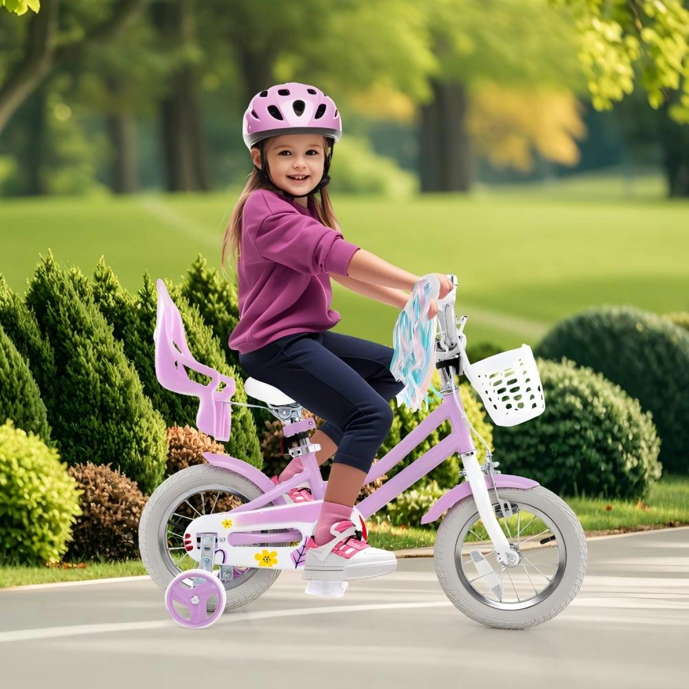 SUGIFT 12-In Girls Kids Bicycle with Dual Brakes Doll Seat Streamers & Training Wheels 145-lb Capacity Ages 3-4 Rose Red