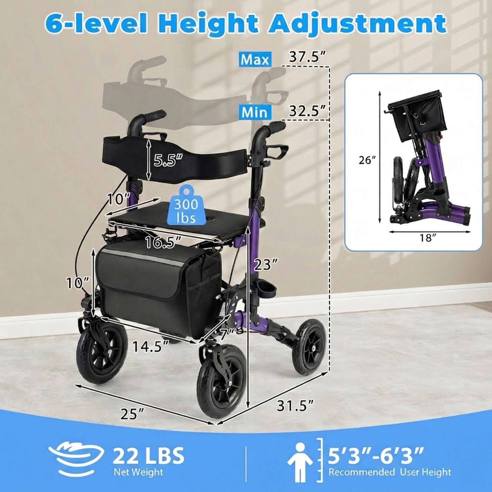 SUGIFT 300-lb Capacity Folding Rollator Walker with Seat Mesh Back 2 Braking Modes and TPR Handles