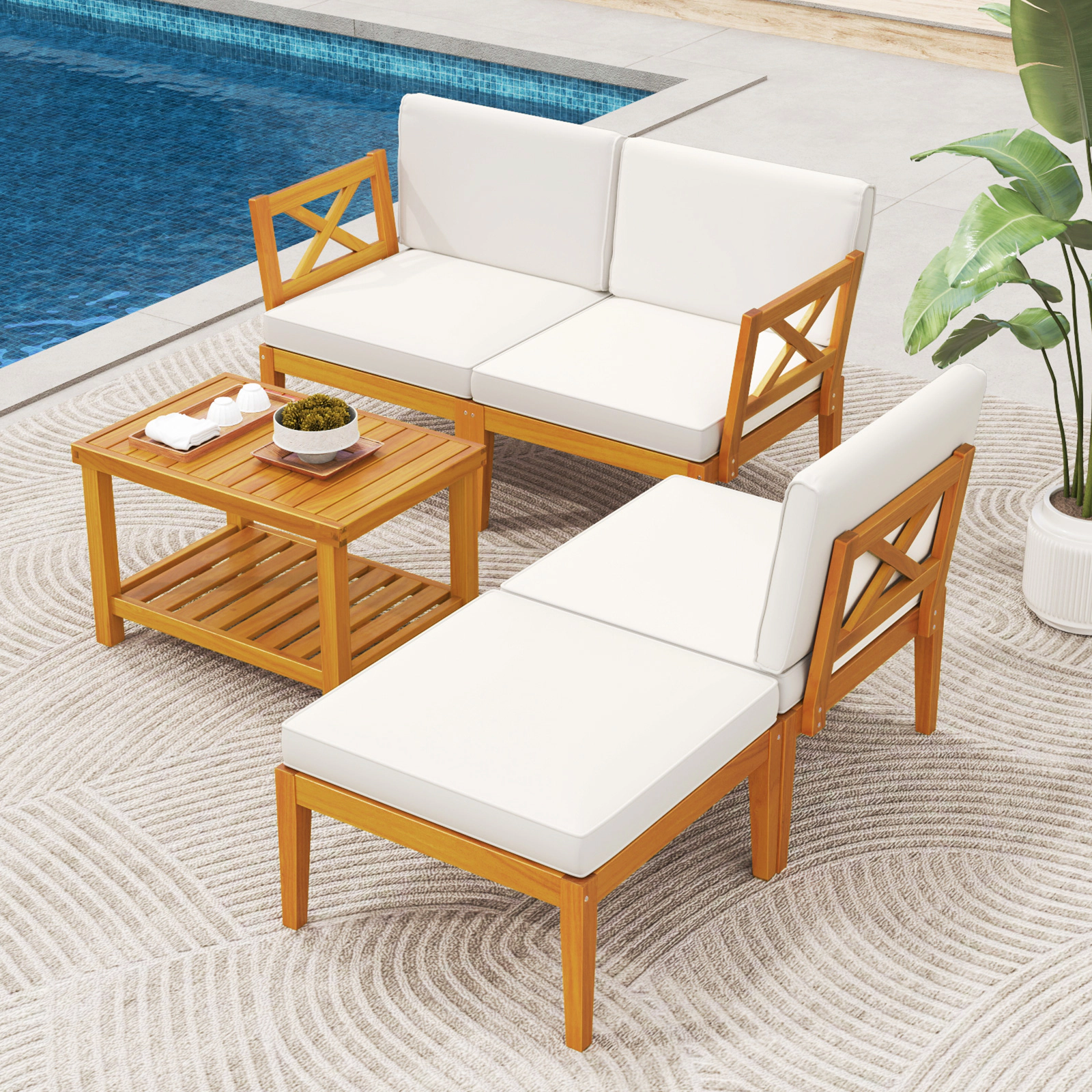 SUGIFT 2-Tier Coffee Table and Ottoman 5-Piece White Acacia Wood Patio Sectional Set