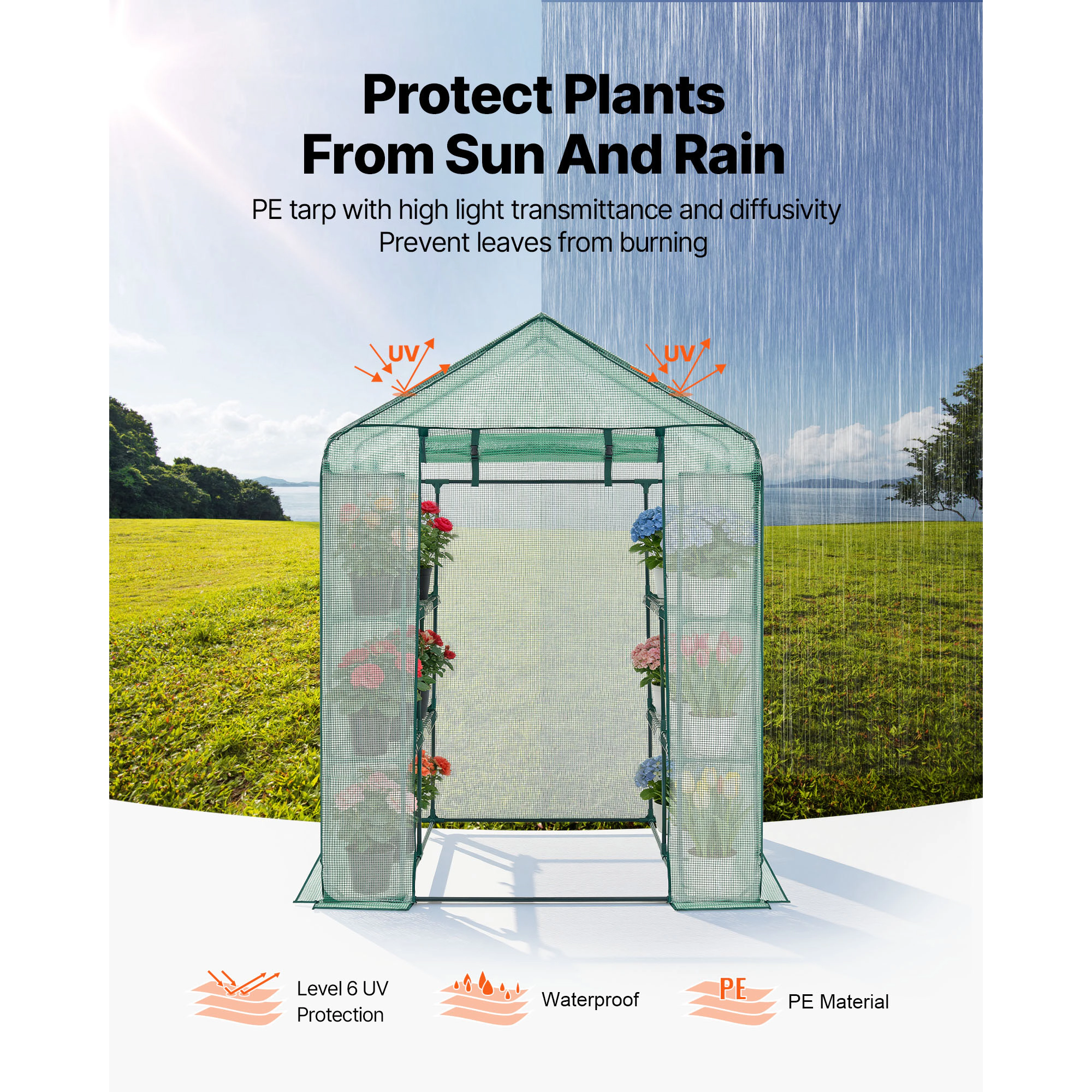 HONGGE Walk-In Greenhouse, 55.5 x 56.1 x 78.7 in, Steel Frame with 8 Shelves & Roll-Up Zipper Door PE Cover