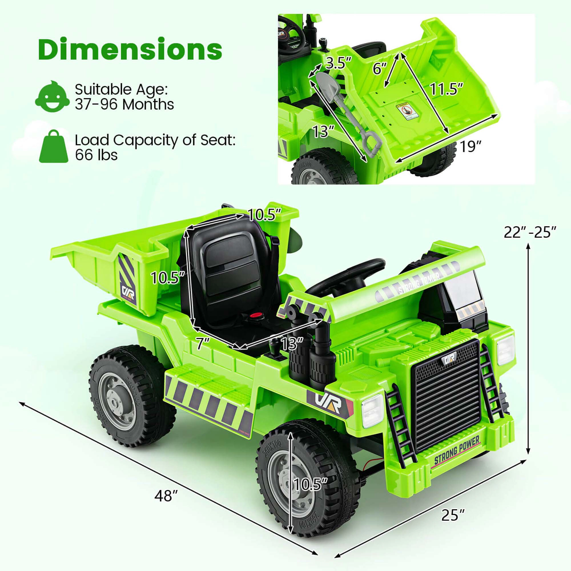 Costway Kids Ride-On Dump Truck with Wireless Connection Music LED Lights Soft Start Green/Yellow