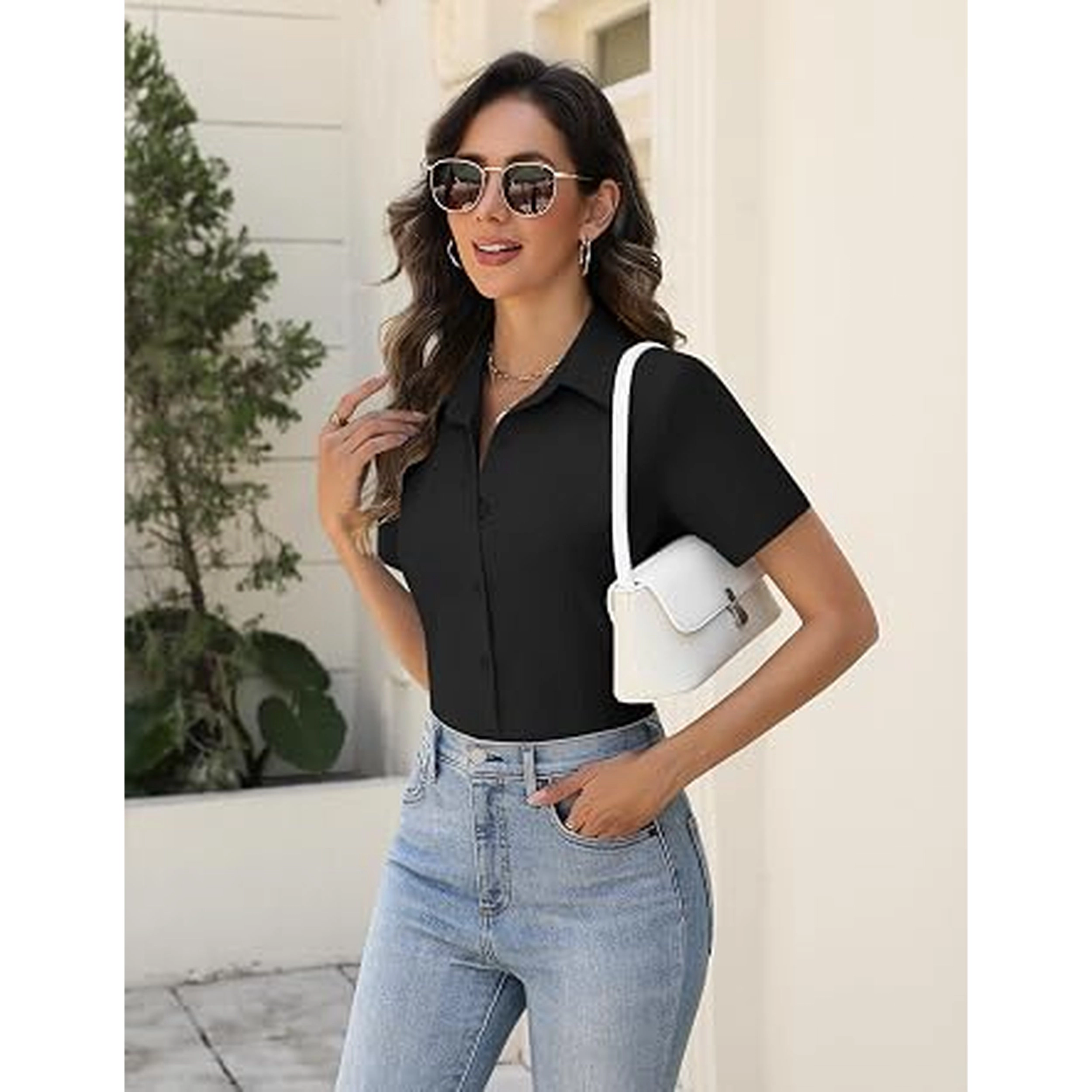 Zeagoo Short Sleeve Button Down Blouses for Women Tailored Business Work Shirts Summer Tops