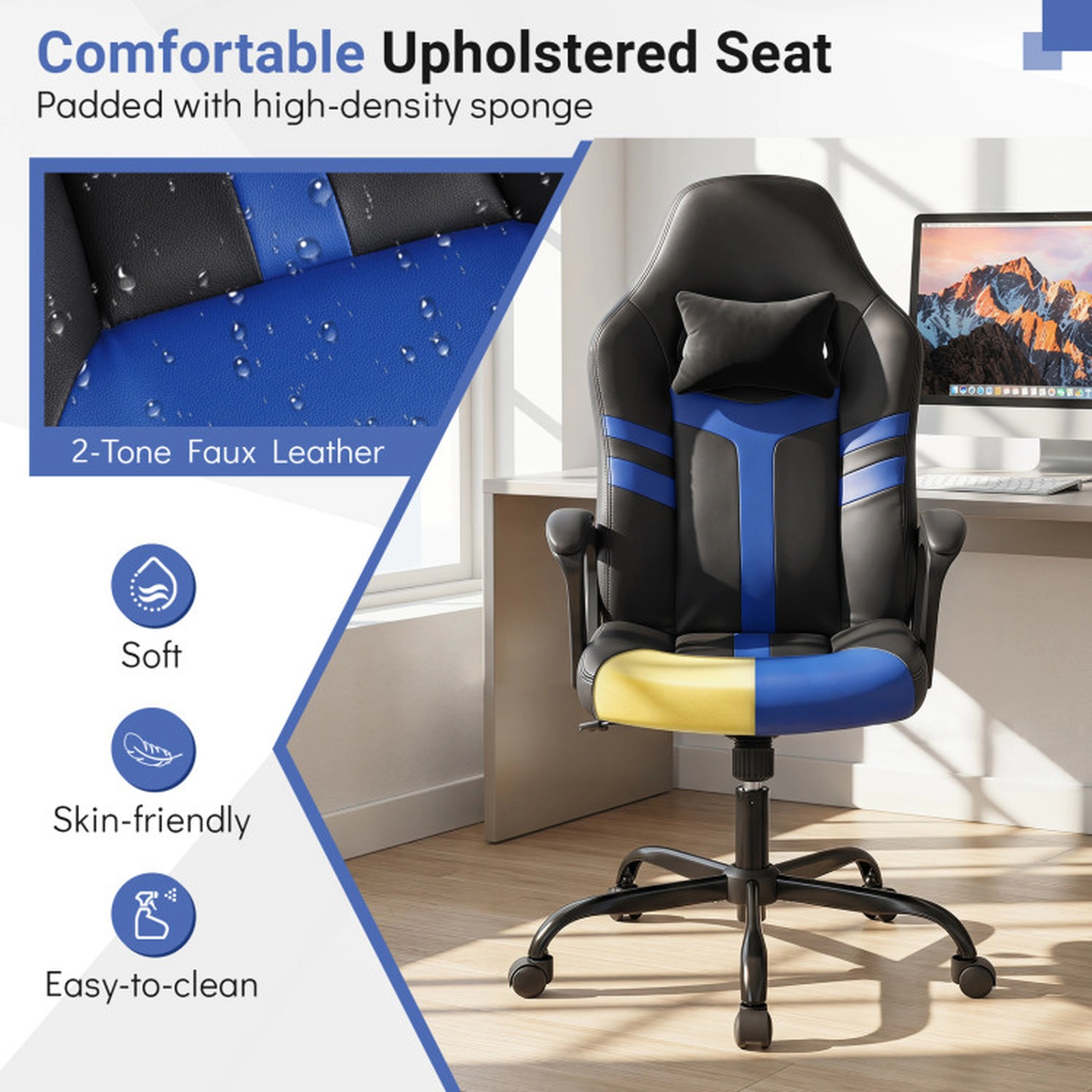SUGIFT Blue Removable Head Pillow and Rocking Function Faux Leather Office Chair