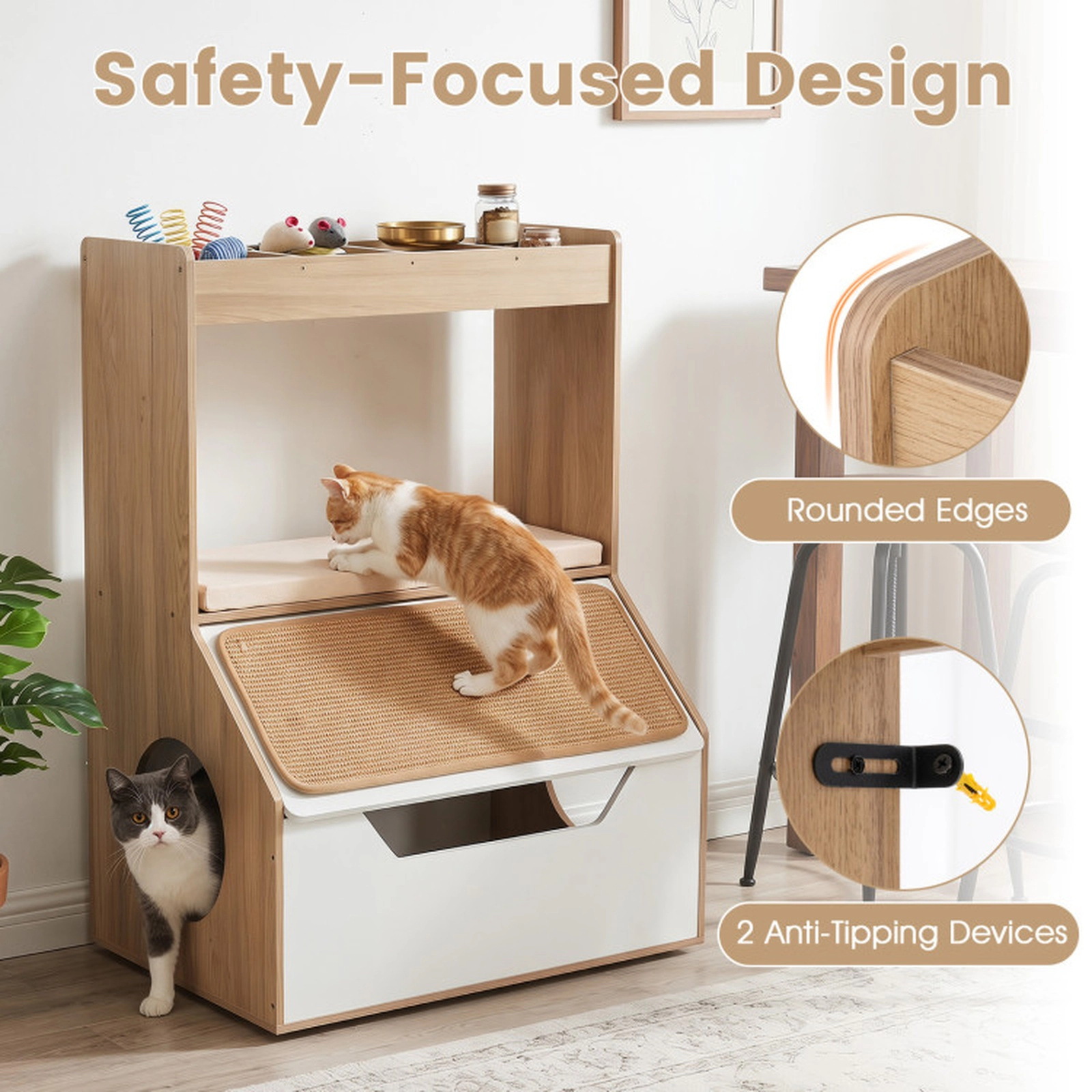 SUGIFT 28 x 39-in 115-lb Capacity Natural 3-in-1 Hidden Cat Litter Box Enclosure House Cabinet with 4 Cubbies
