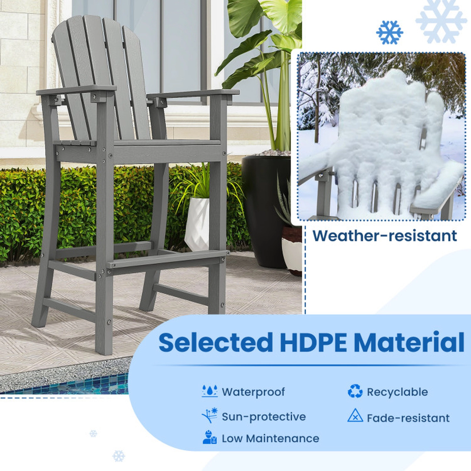 SUGIFT Armrests and Footrest Set of 2 Counter Height Outdoor HDPE Bar Stools