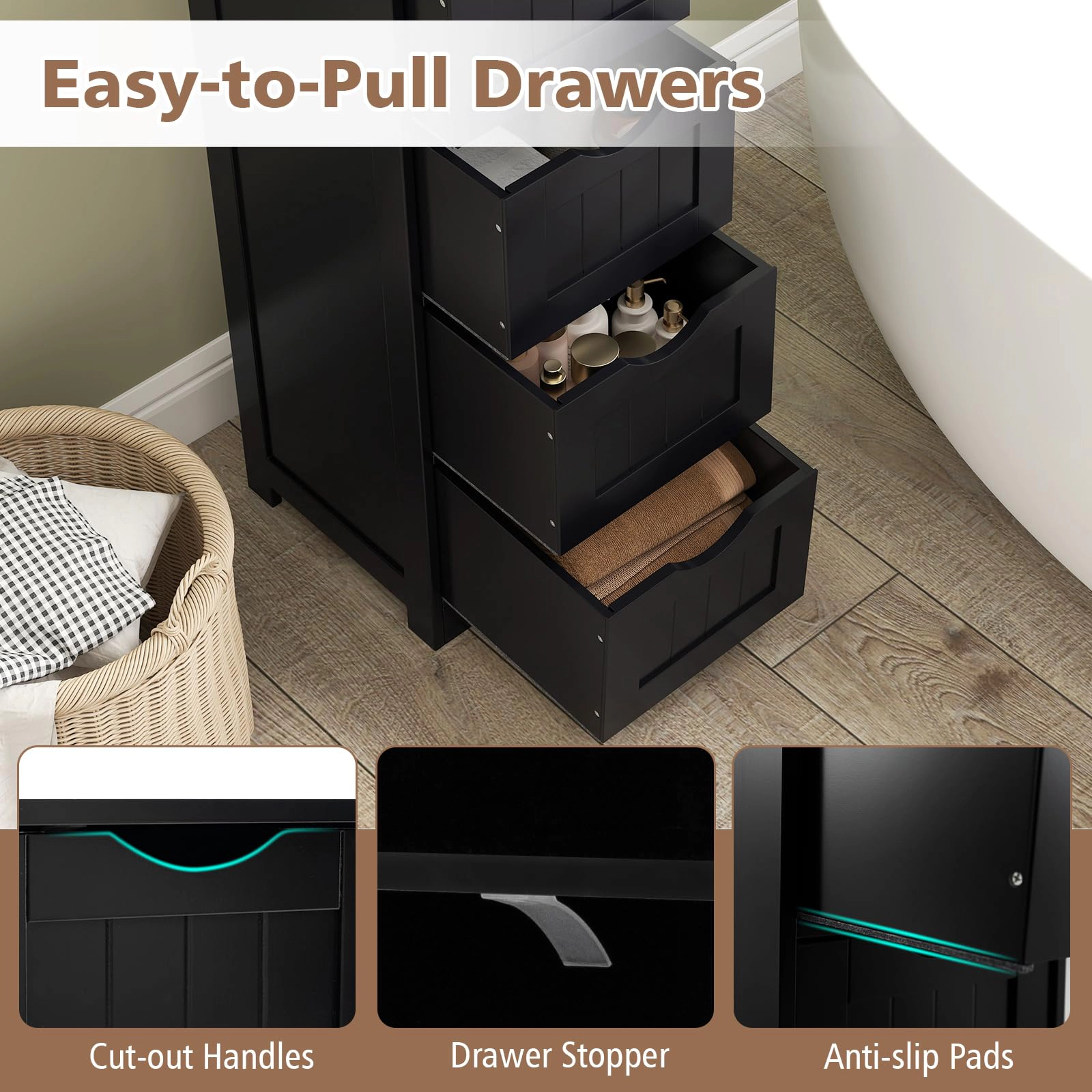 Glintex 4-Drawer Narrow Floor Cabinet with Arched Base and Cut-Out Handles