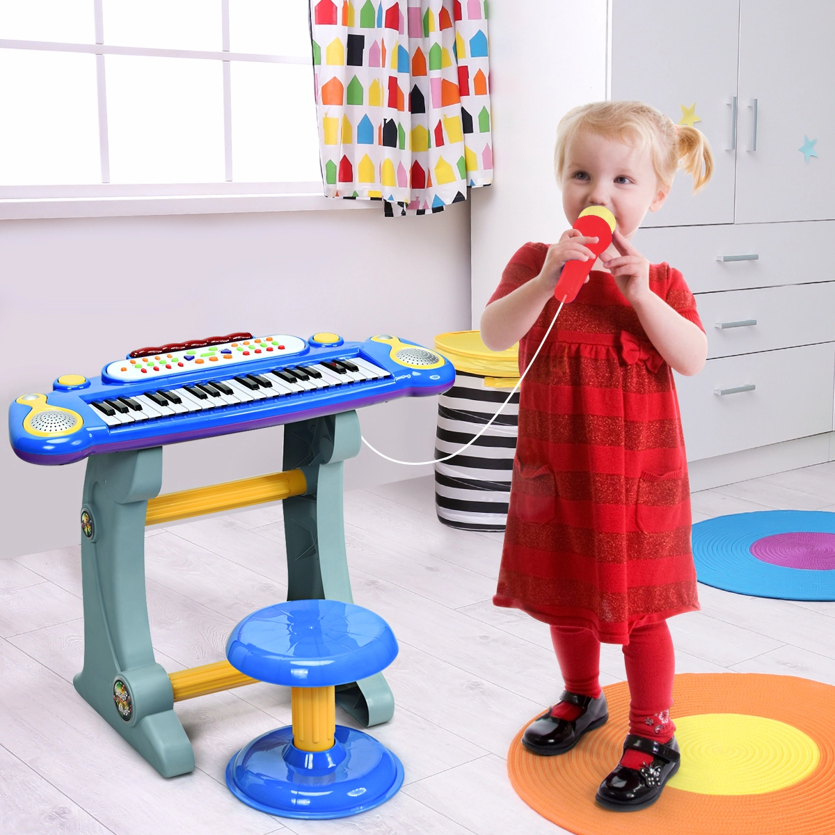 SUGIFT Kids 37-Key Electronic Keyboard Piano Microphone Stool 8 Sounds 8 Rhythms 22.5 x 11 x 18-in Ages 3+ Blue