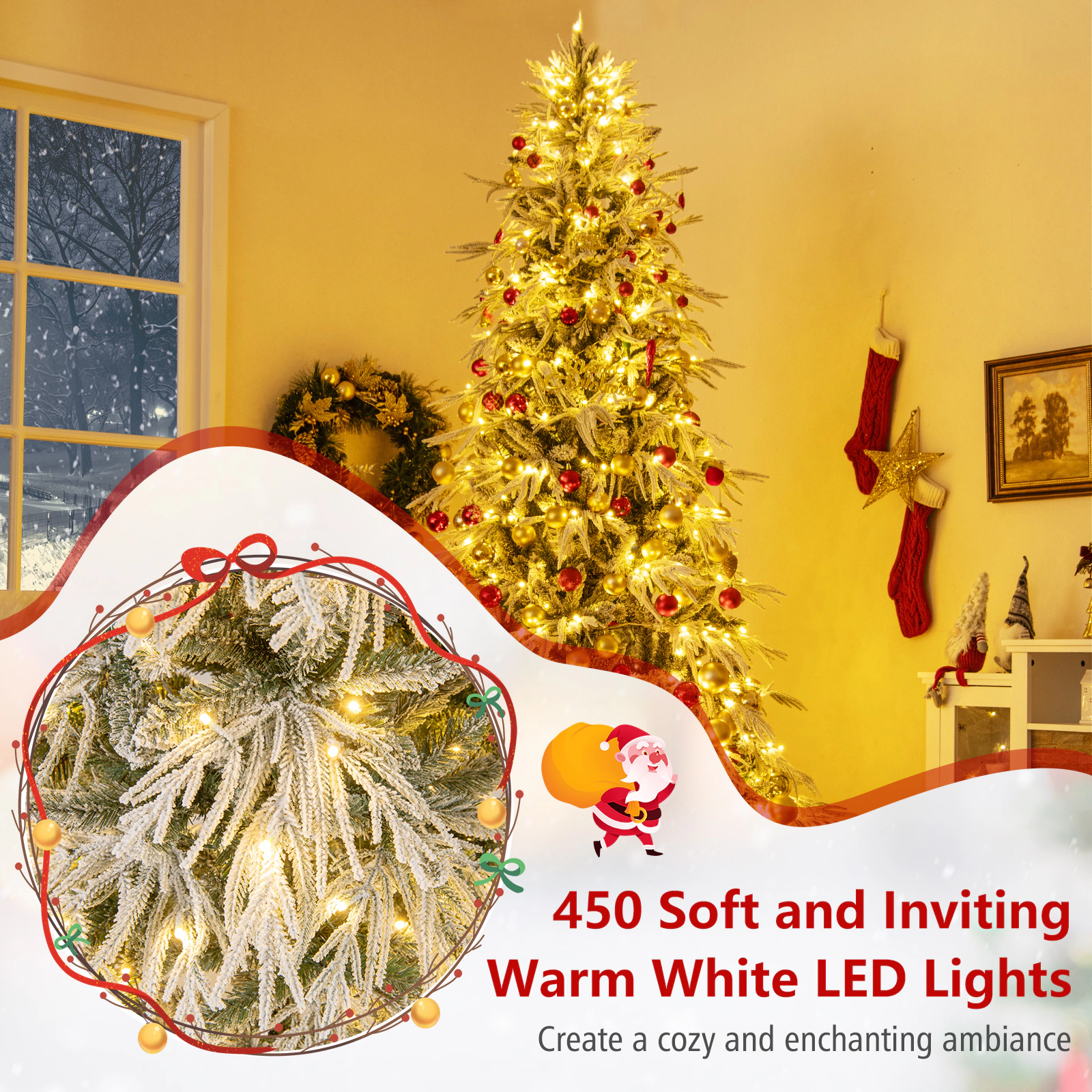 SUGIFT 8-ft Snow Flocked Pre-Lit Artificial Christmas Tree with Drooping Branches 1108 Tips and 450 LEDs