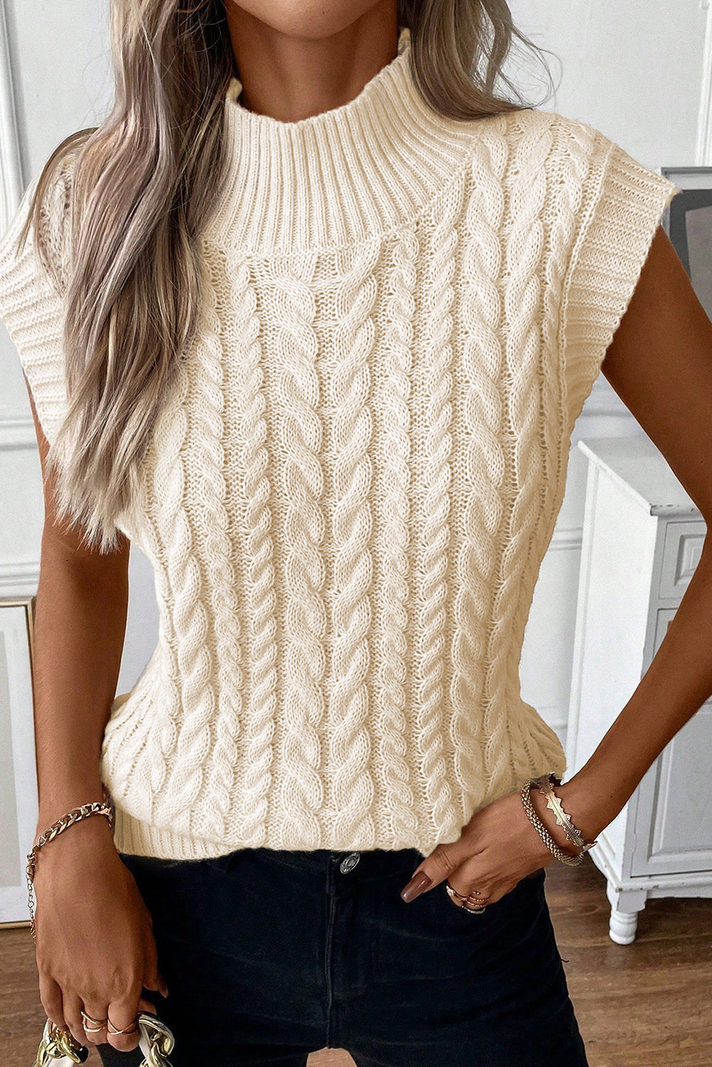 Threaded Pear Women's Sylvia Cable Knit High Neck Sweater Vest