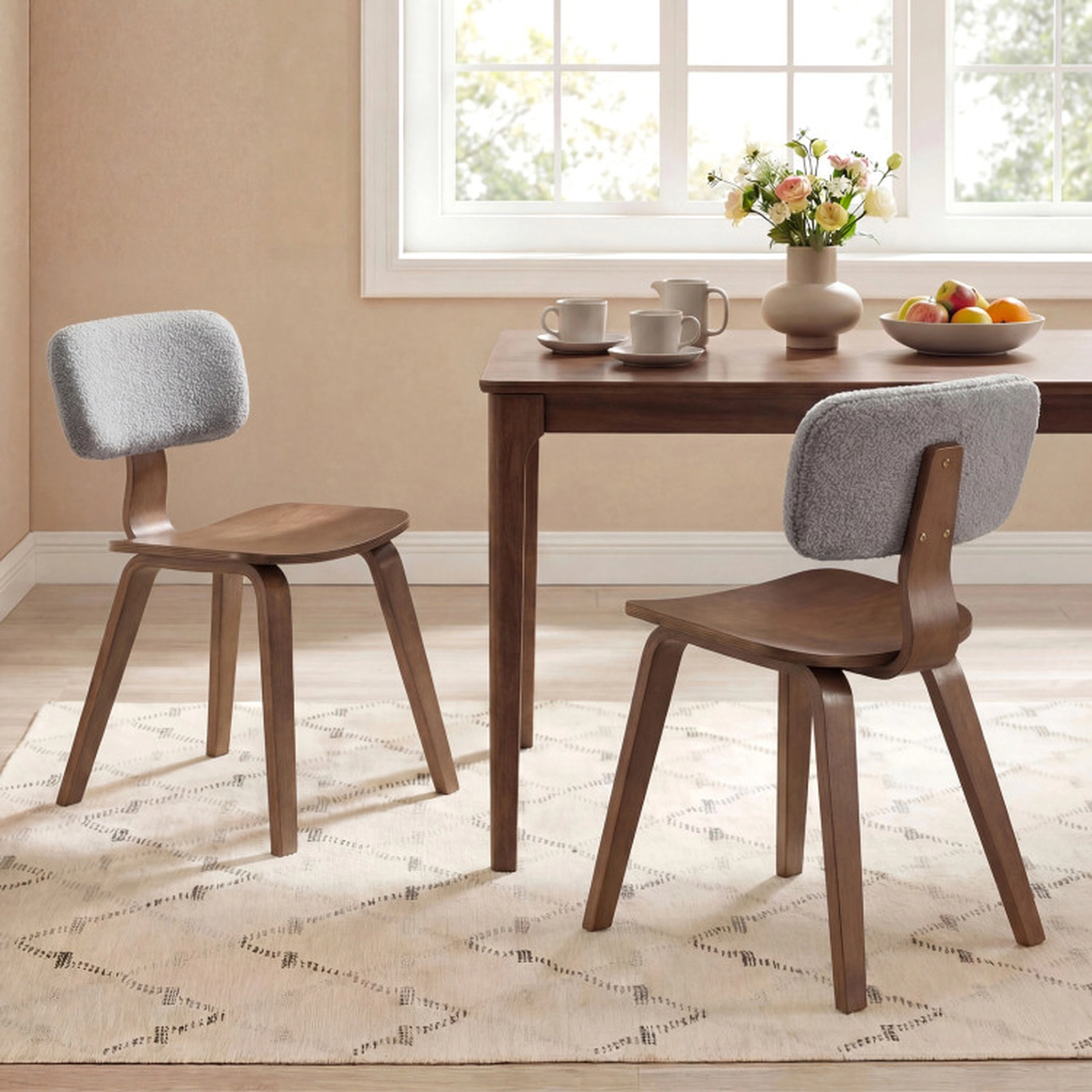SUGIFT Walnut Rubber Wood Teddy Velvet Padded Backrest Set of 2 Dining Chairs