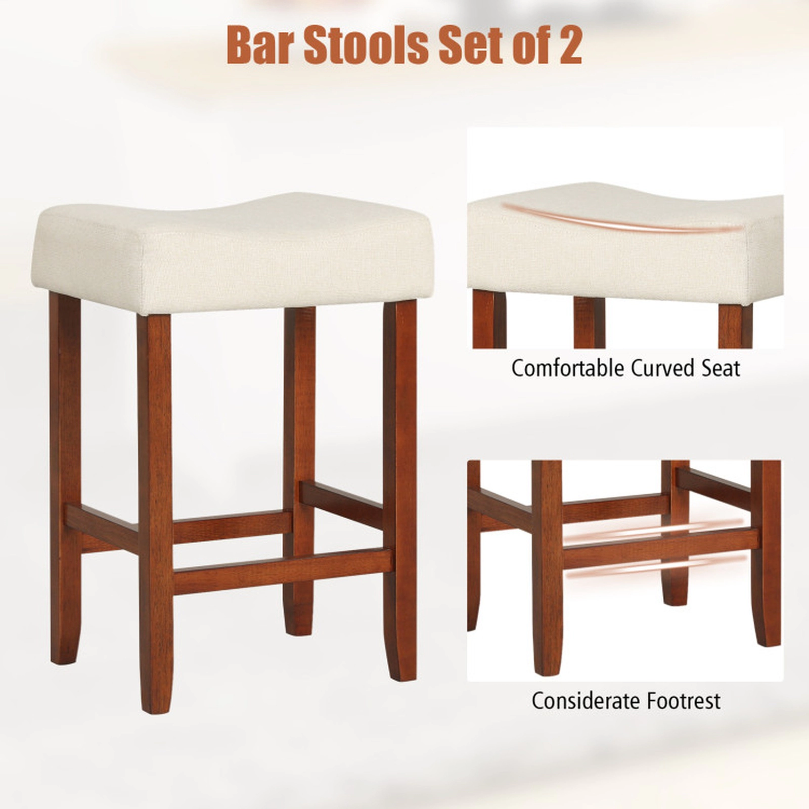 SUGIFT Curved Seat 24-in Bar Stools with Cushions 330-lb Capacity Ideal for 35-39-in Counters Set of 2 Beige Gray Brown