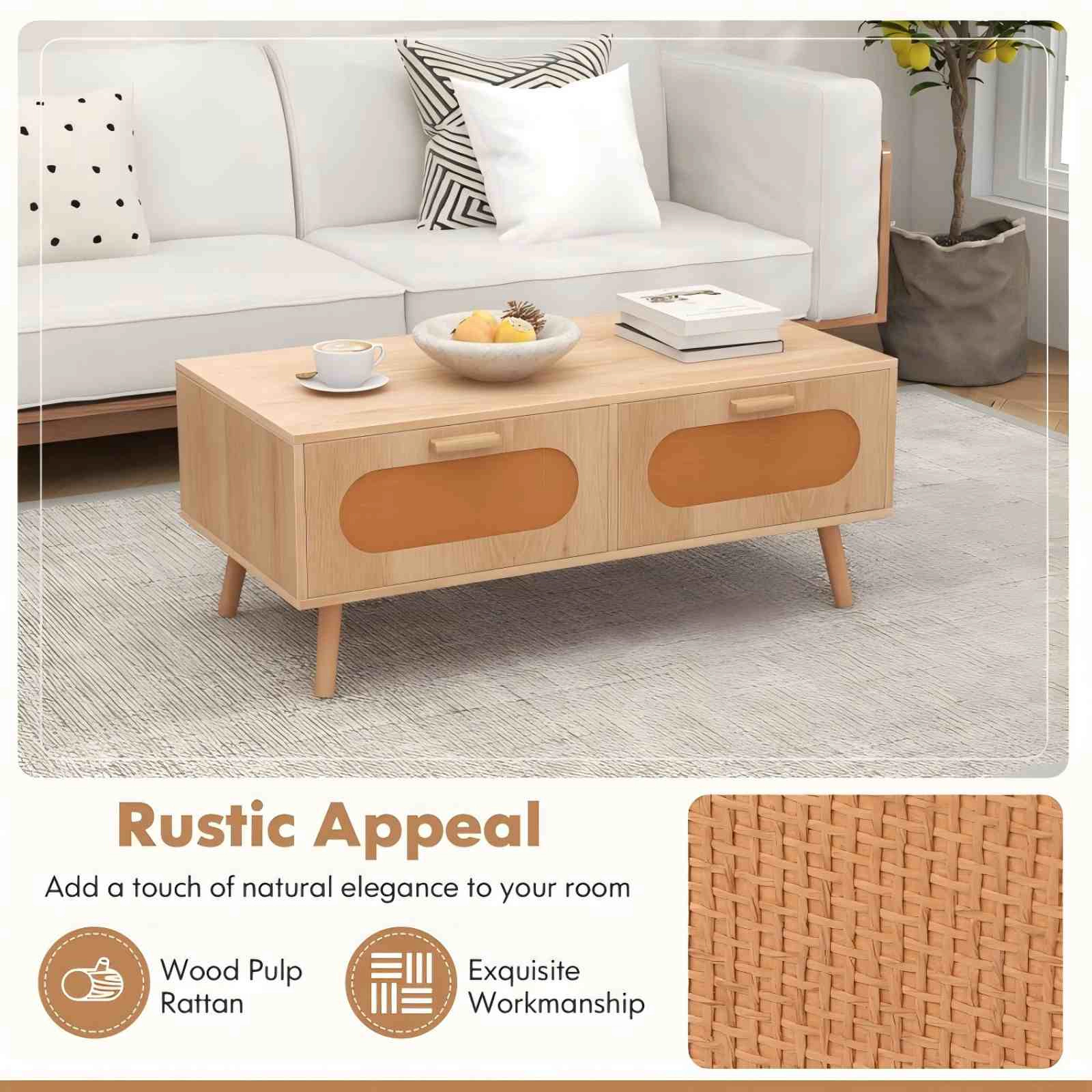 SUGIFT Rattan Coffee Table Mid Century Modern Center Table with 2 Storage Drawers 132-lb Tabletop Capacity Natural