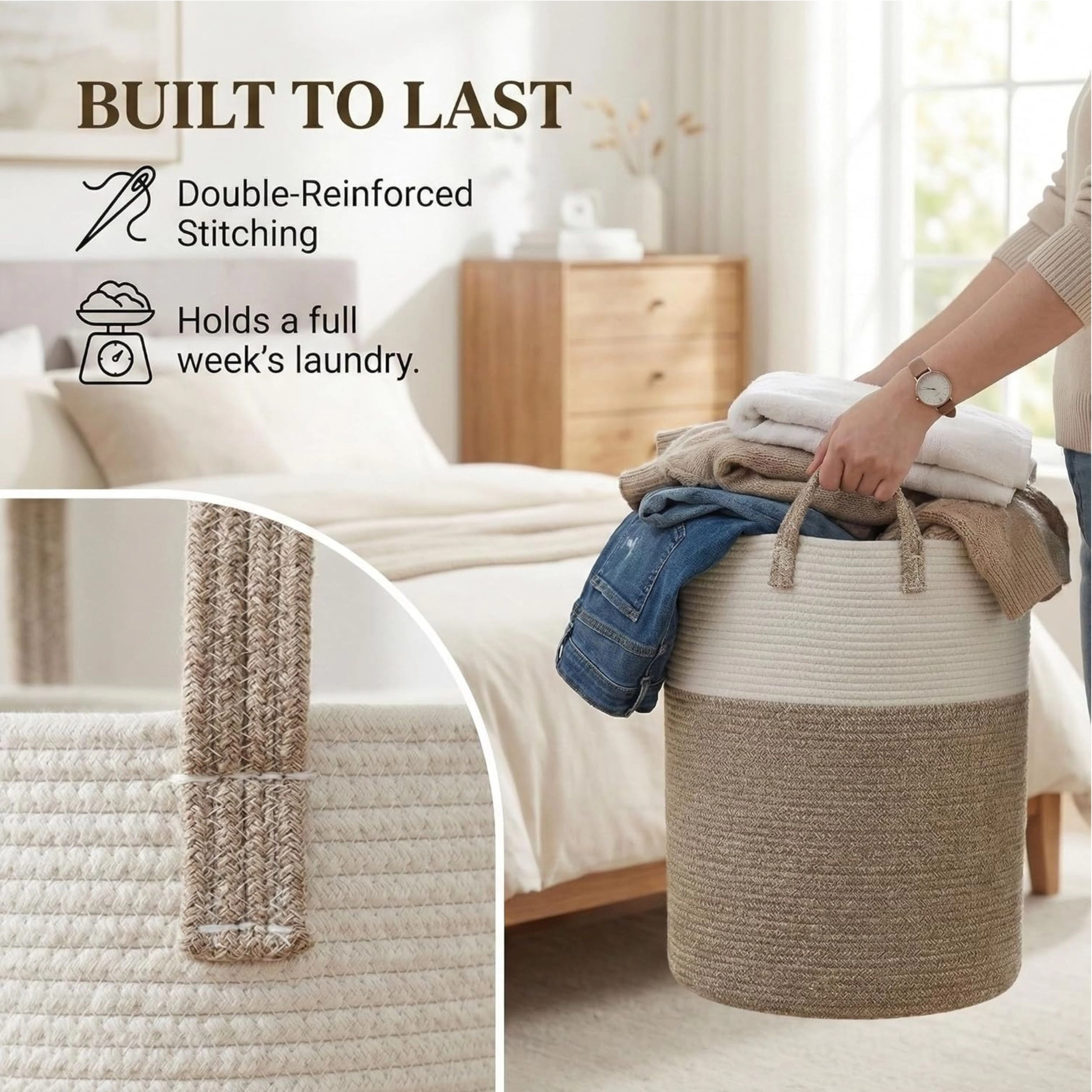 Stock Preferred Large Woven Cotton Rope Laundry Basket Hamper 60L Storage Bin
