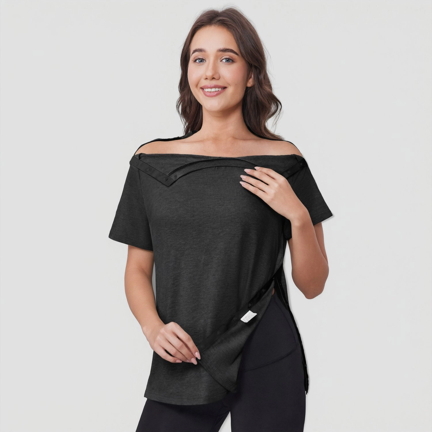Pinspark Womens Solid Short Sleeve Off Shoulder Snap Button Nursing Maternity Tunics