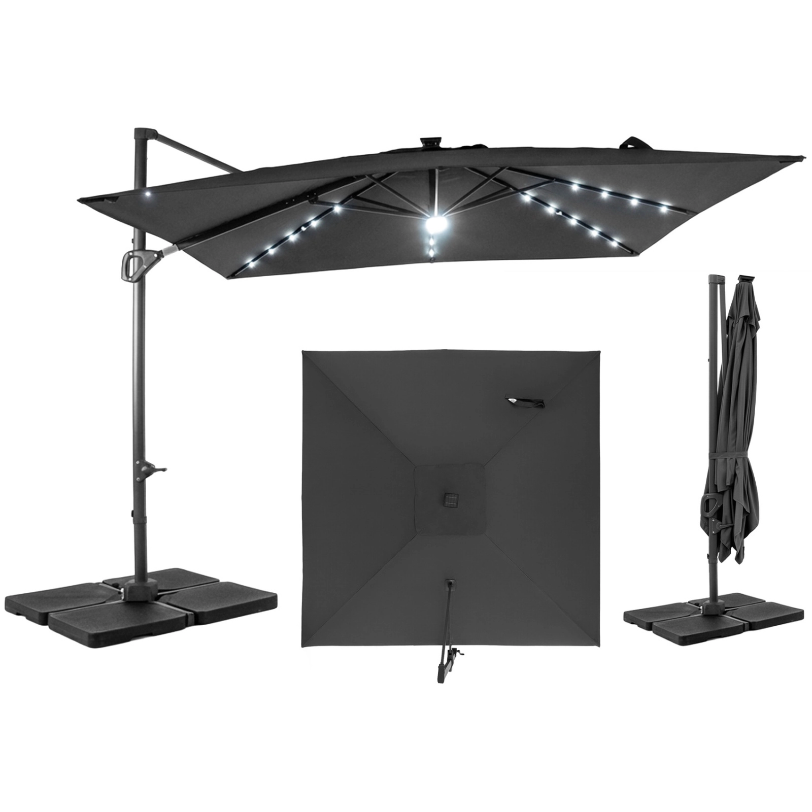 SUGIFT Gray 32 Solar LED Lights and 220 LB Base 10 FT Square Cantilever Patio Umbrella