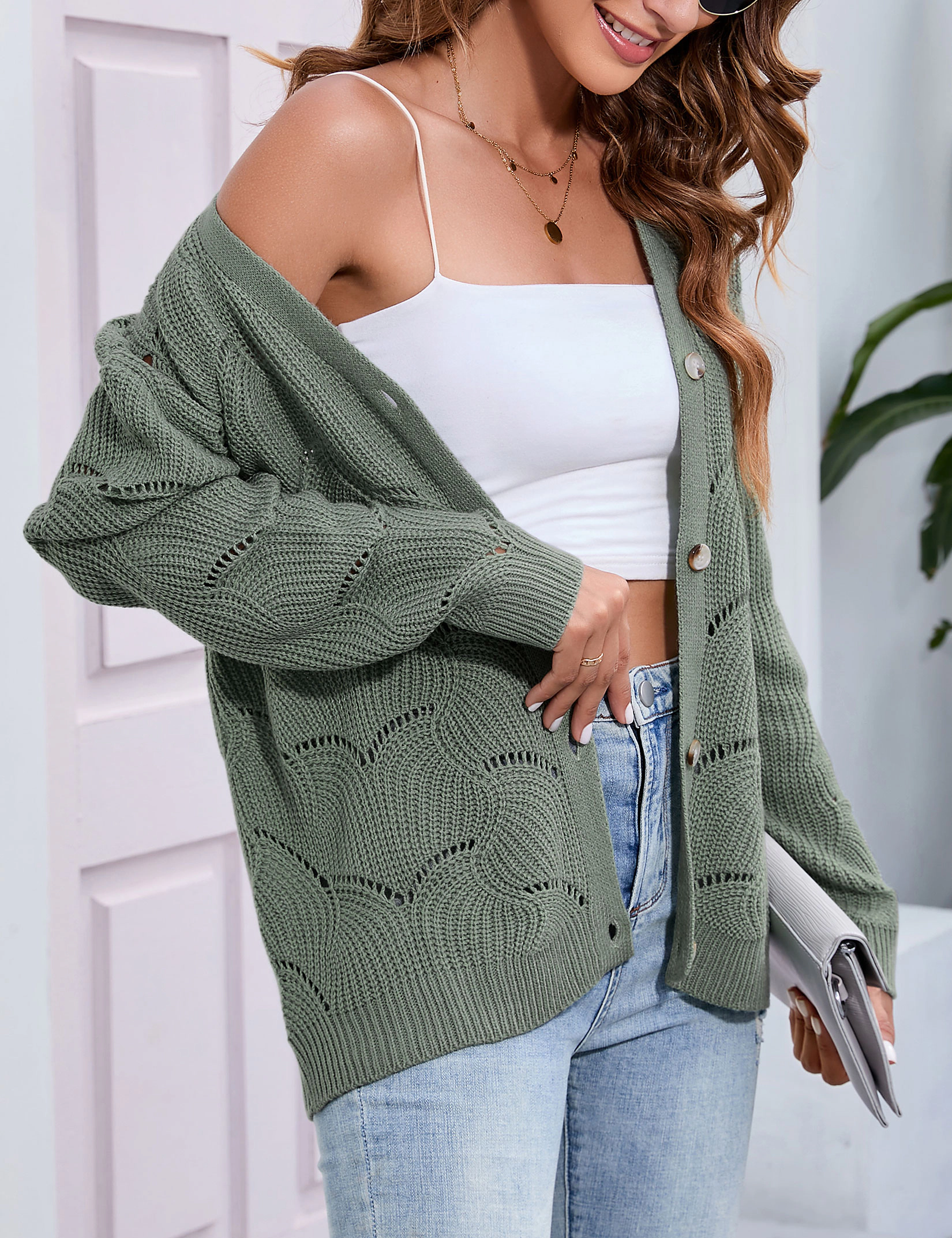 KOJOOIN Women's Openwork Knit Cardigan V Neck Button Down Hollow Wave Texture Loose Sweater Coat
