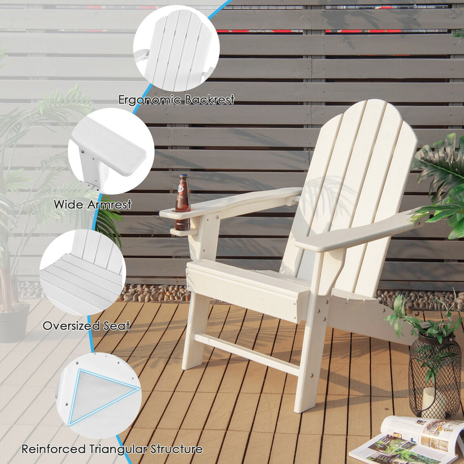 SUGIFT 330-lb Capacity All Weather PE Adirondack Chair with Built-in Cup Holder and 304 Stainless Steel Screws