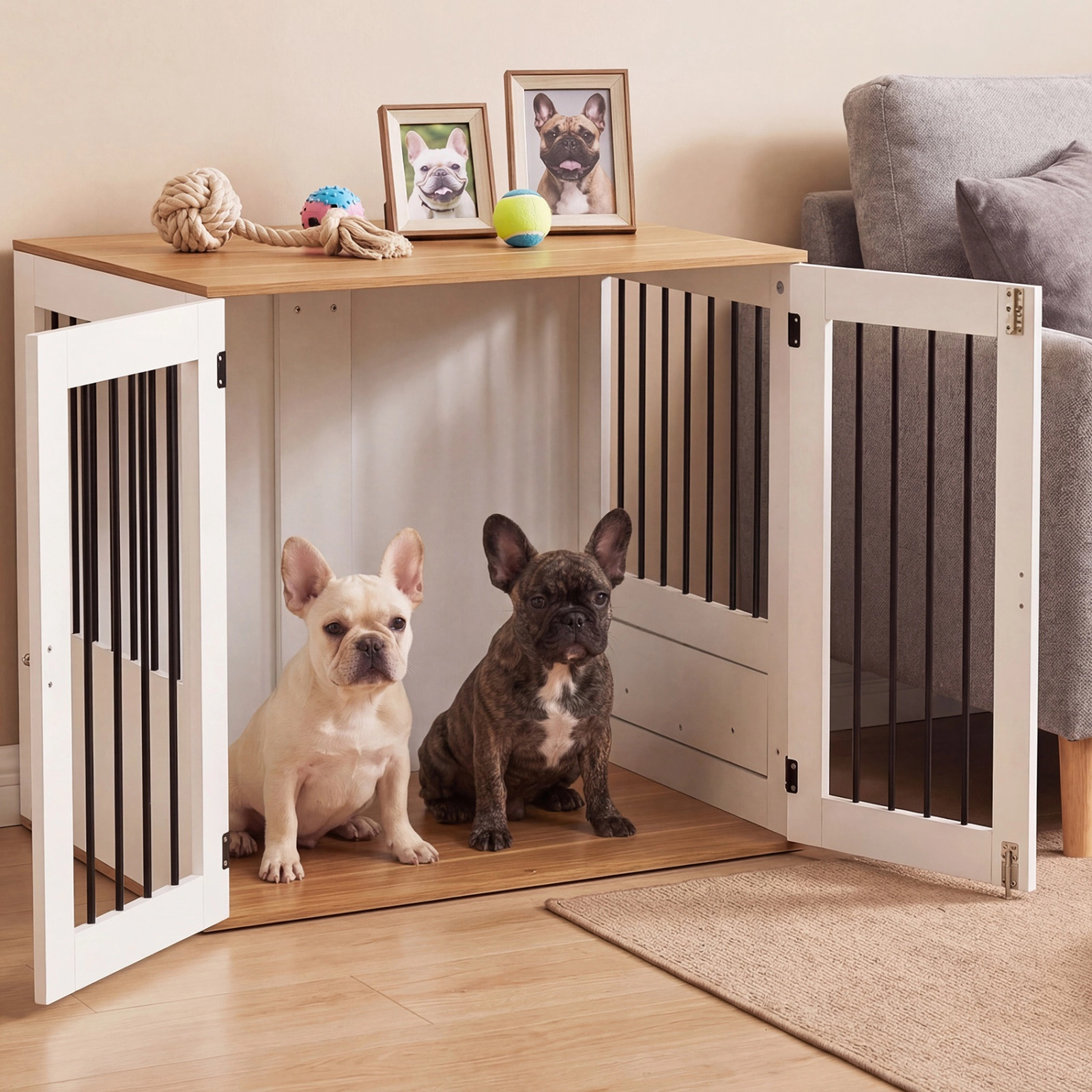 SUGIFT 31.5 in Dog Crate Furniture White Wooden Kennel with Double Lock Doors and Rotating Feeder