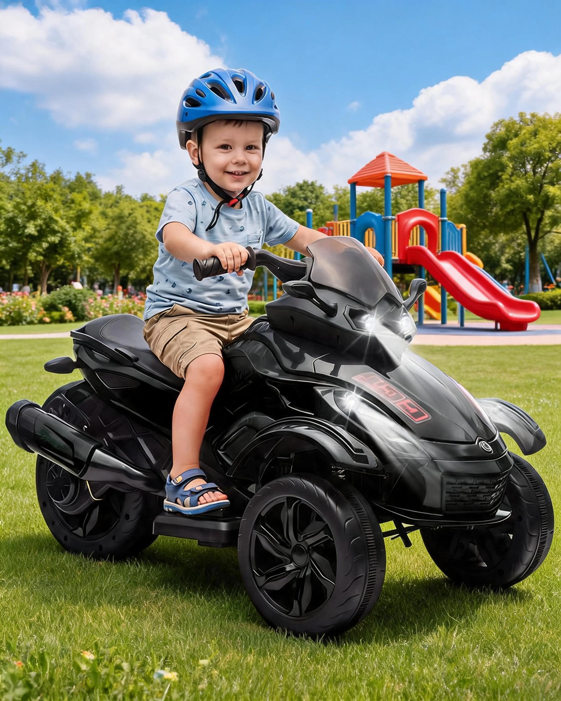 12V Kids Ride-On ATV, 3-Wheeler Electric Motorcycle, LED Lights, Music, Treaded Tires, 66Lbs, Ages 3-8, Boys Girls