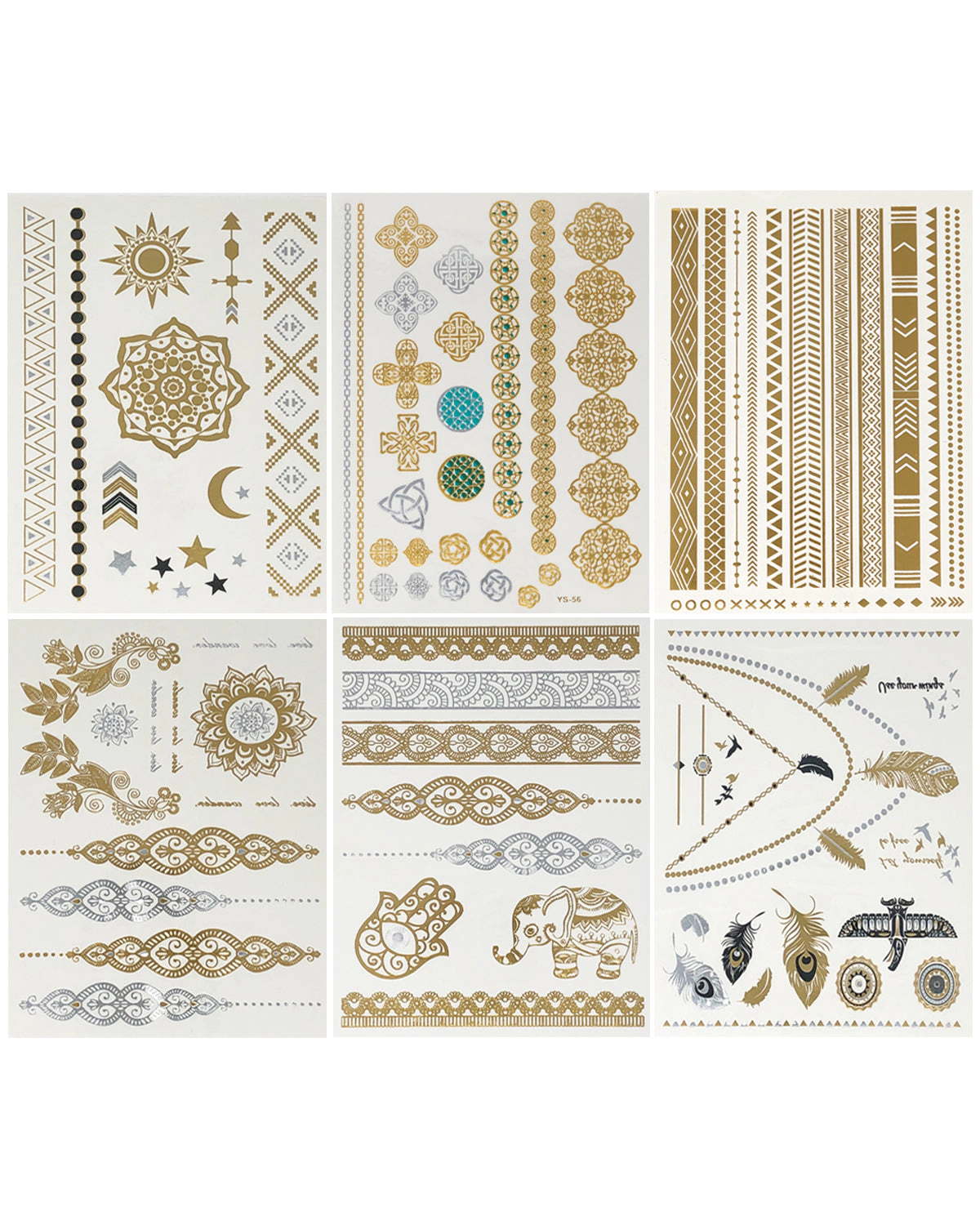 Wrapables Celebrity Inspired Temporary Tattoos in Metallic Gold Silver and Black (6 Sheets), Large