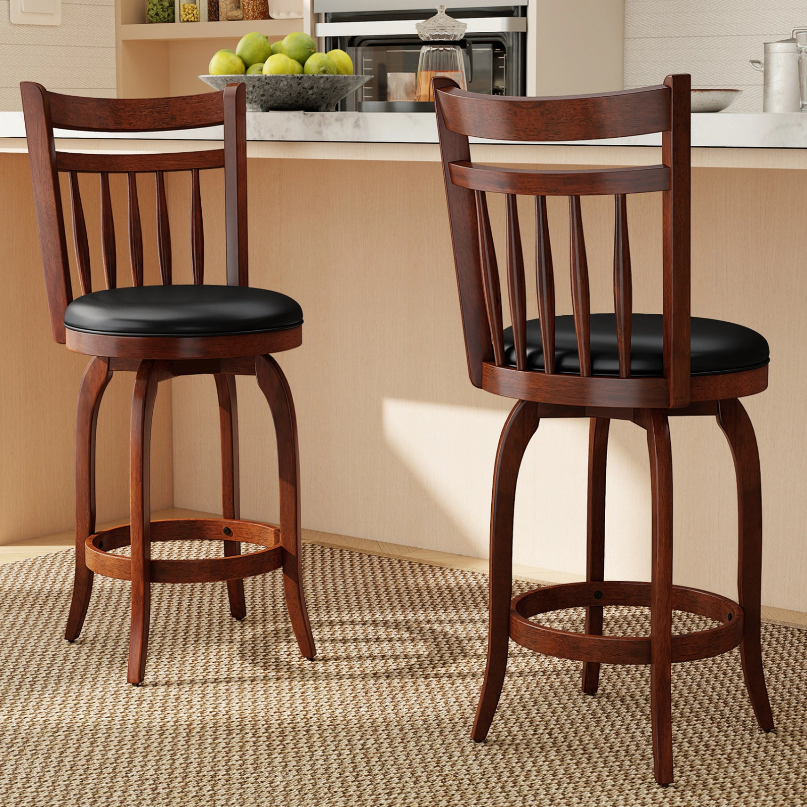 SUGIFT Set of 2 24-Inch Counter-Height Swivel Stools, Faux Leather, Curved Back, Footrest