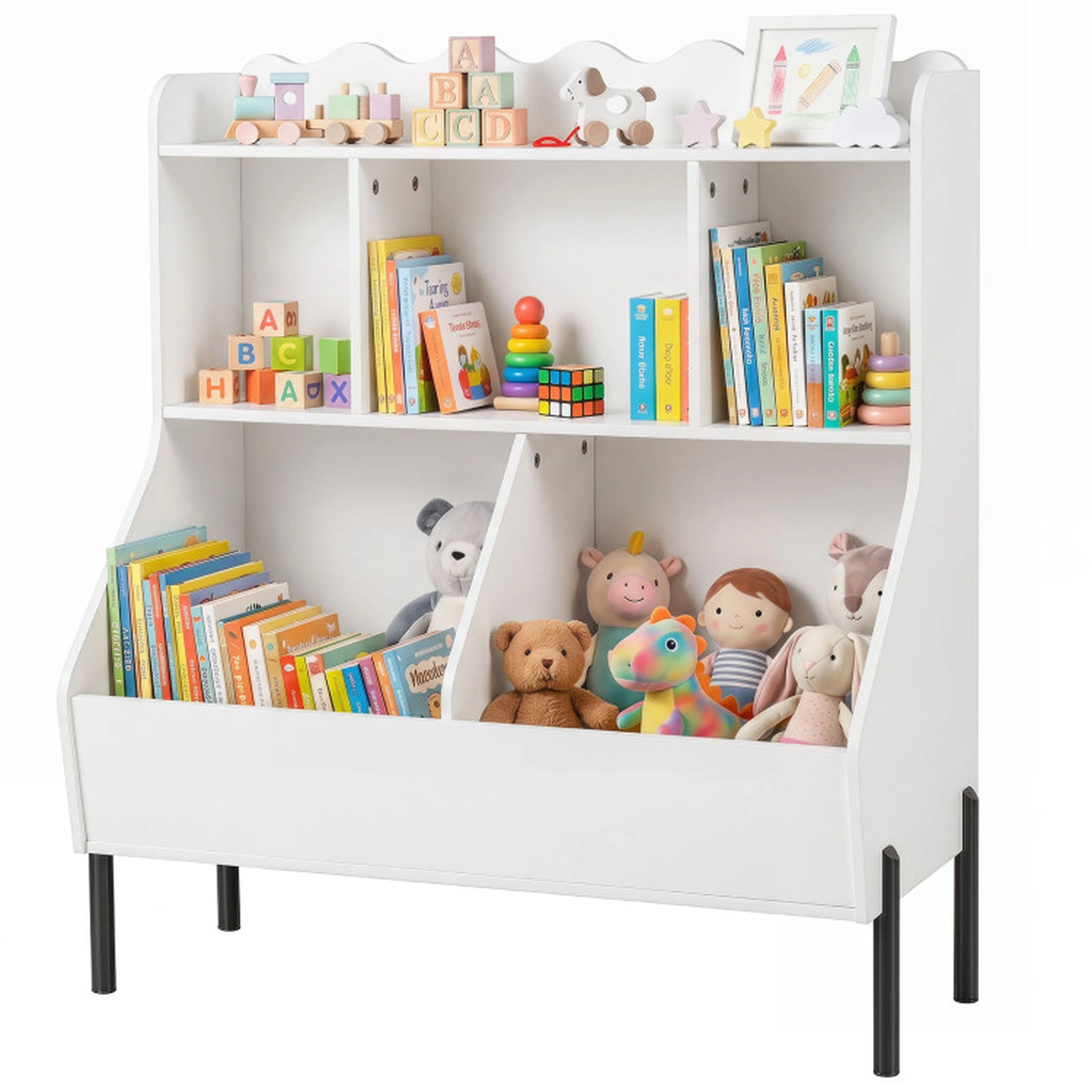 SUGIFT Kids 5 Storage Cubes 3 Open Compartments 2 Boxes Metal Legs Wooden Bookshelf 31.5-in x 16-in x 36.5-in White