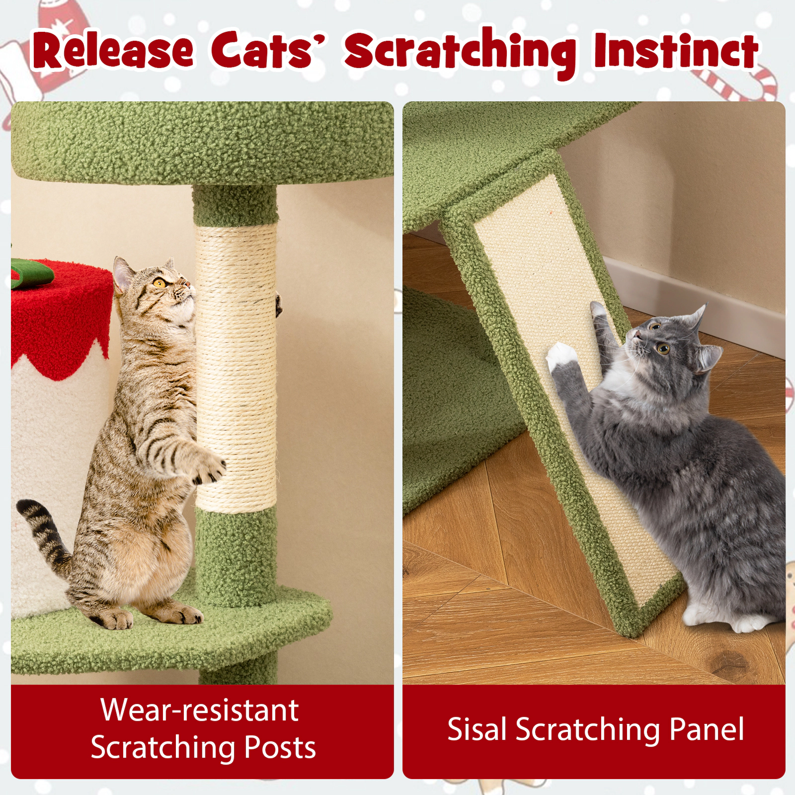 SUGIFT 61-in Christmas Cat Tree with Sisal Scratching Posts, 2 Condos and Basket Bed Green, Red, Yellow, White