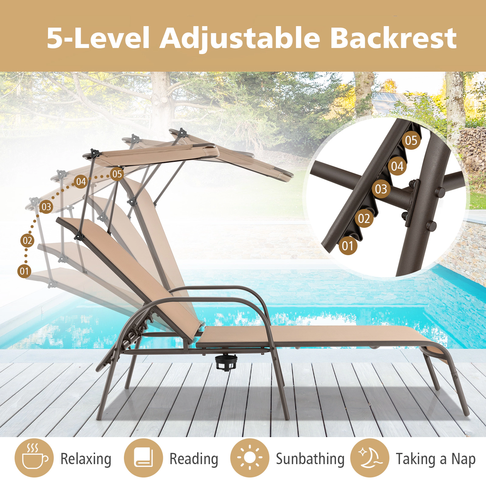 Hivvago Patio Heavy-Duty 5-Level Adjustable Chaise Lounge Chair
