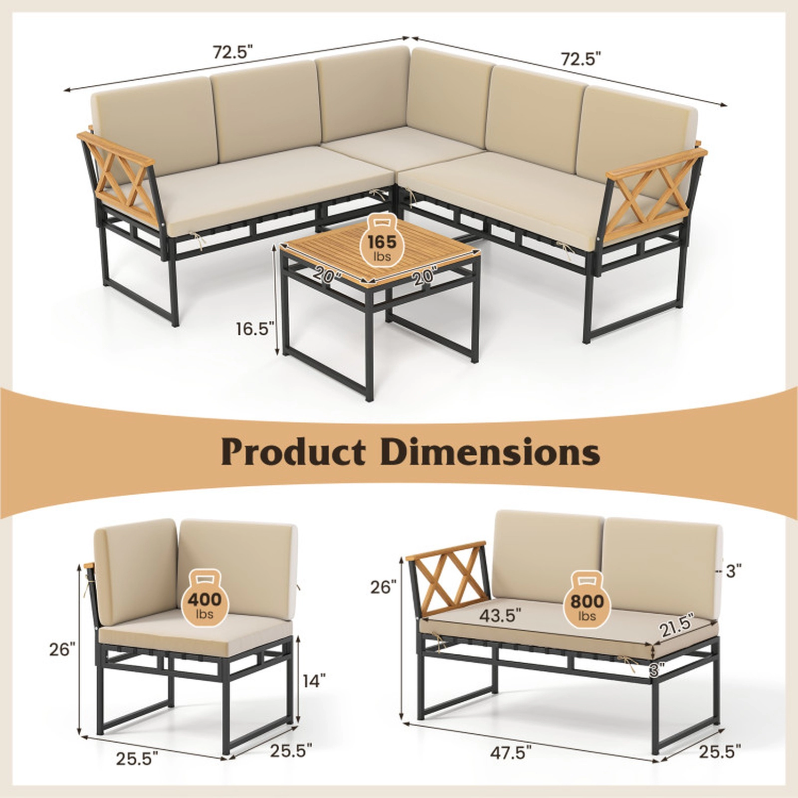 SUGIFT Brown Acacia Wood Armrests and Coffee Table 4-Piece Patio L-Shaped Sofa Set