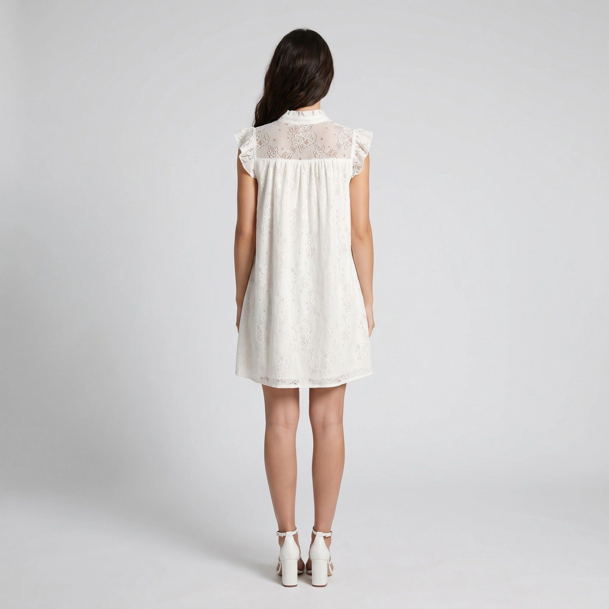 Anna-Kaci Women's Floral Lace Texture Ruffle Sleeve Split Neckline Gathered Yoke Shift Mini Dress