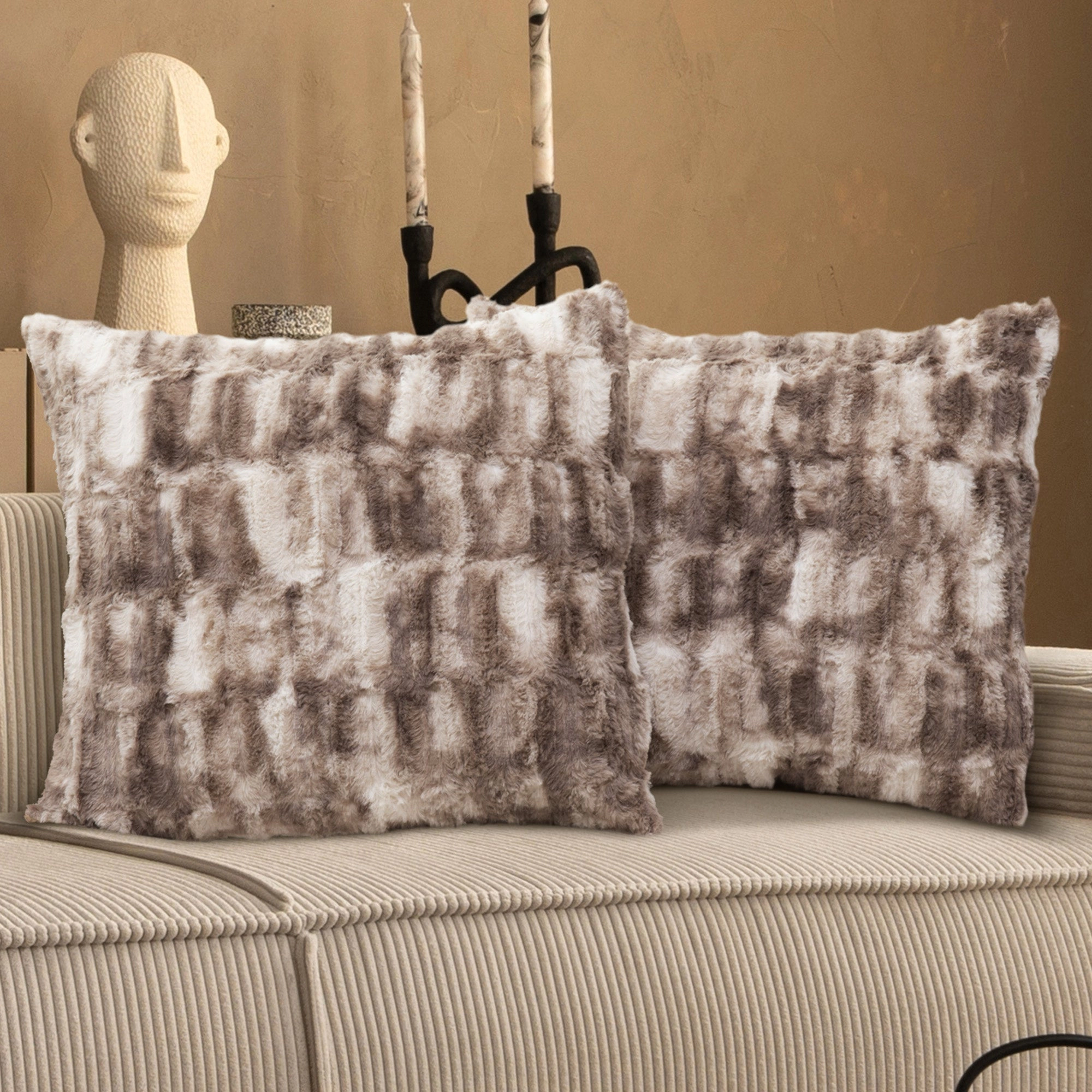 Cheer Collection Set of 2 Faux Fur Bamboo Design Throw Pillows, 18" x 18"