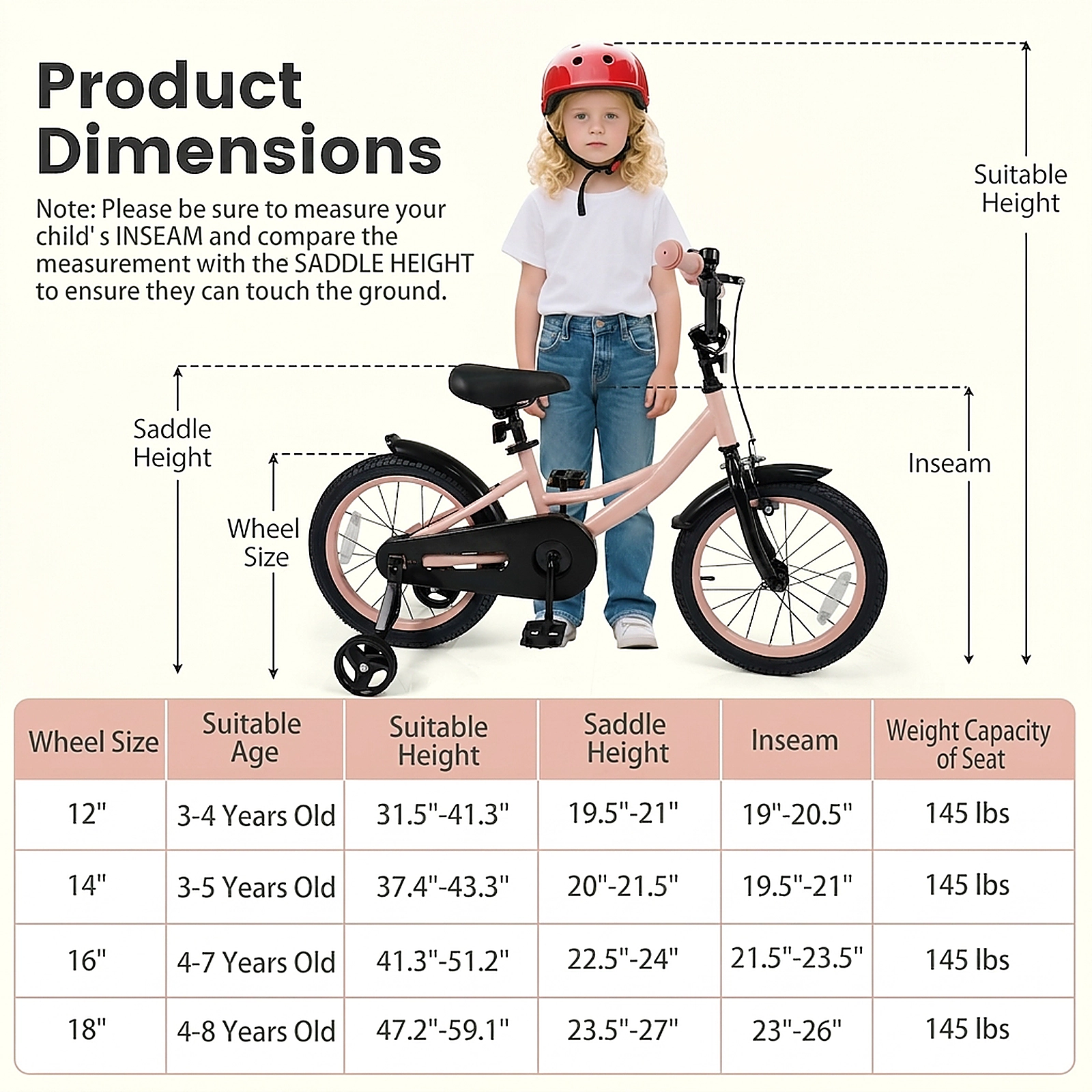 SUGIFT Adjustable 16-In Kids Bicycle with Removable Training Wheels 145-lb Capacity Ages 4-7 Pink Metal Frame