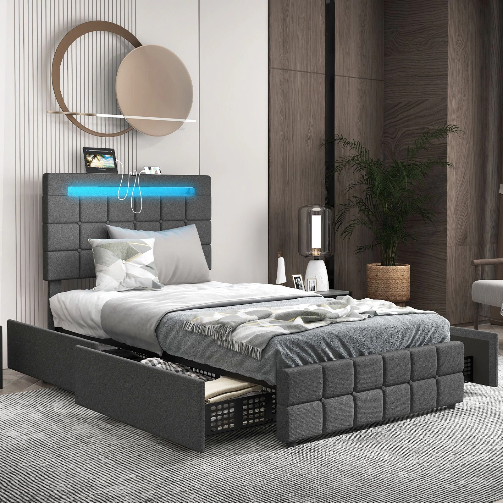 SlickBlue Modern Fabric Bed with RGB Headboard Lights and Adjustable Height Design