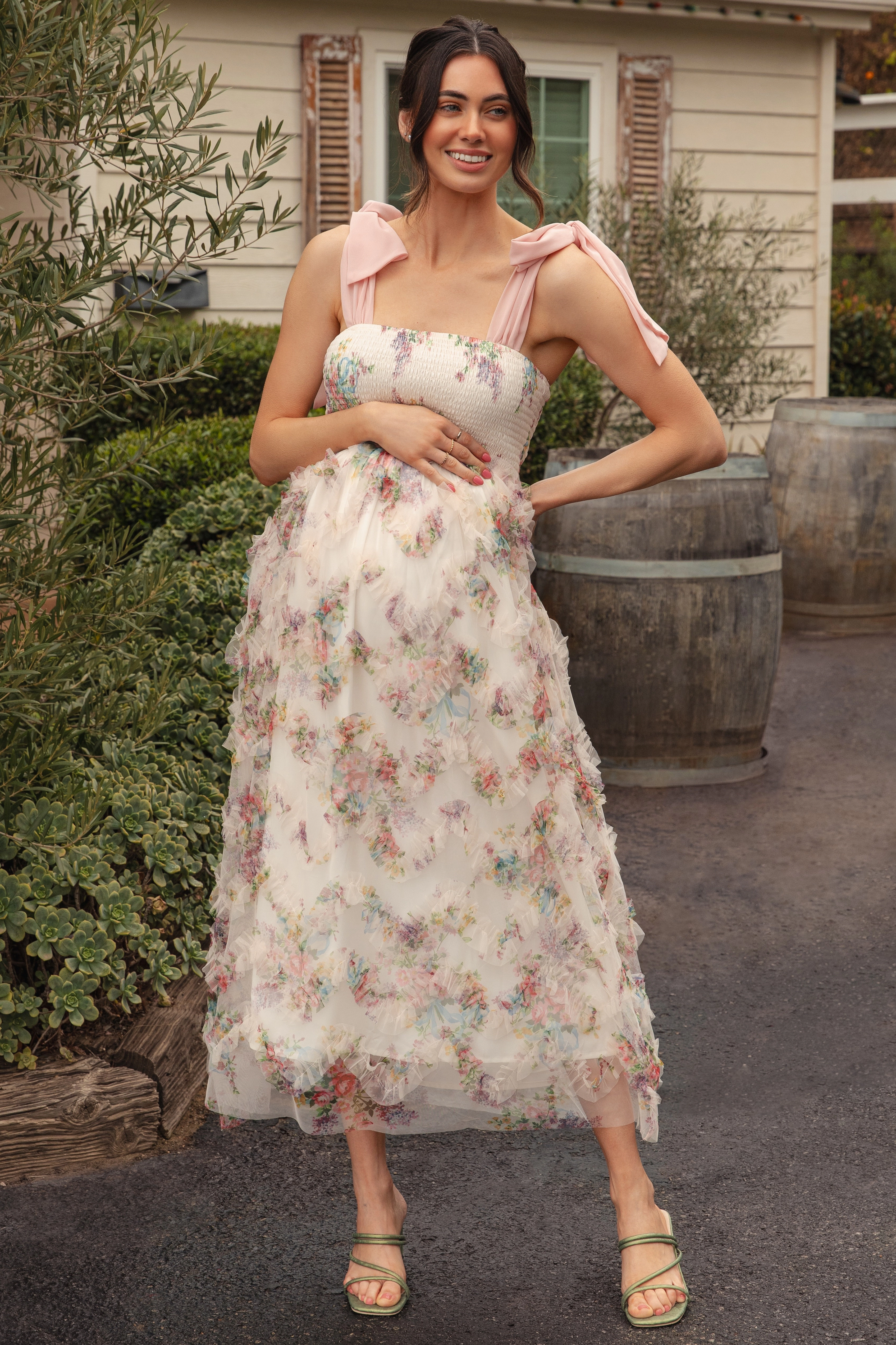 PinkBlush Womens Cream Floral Smocked Shoulder Tie Ruffled Maternity Midi Dress