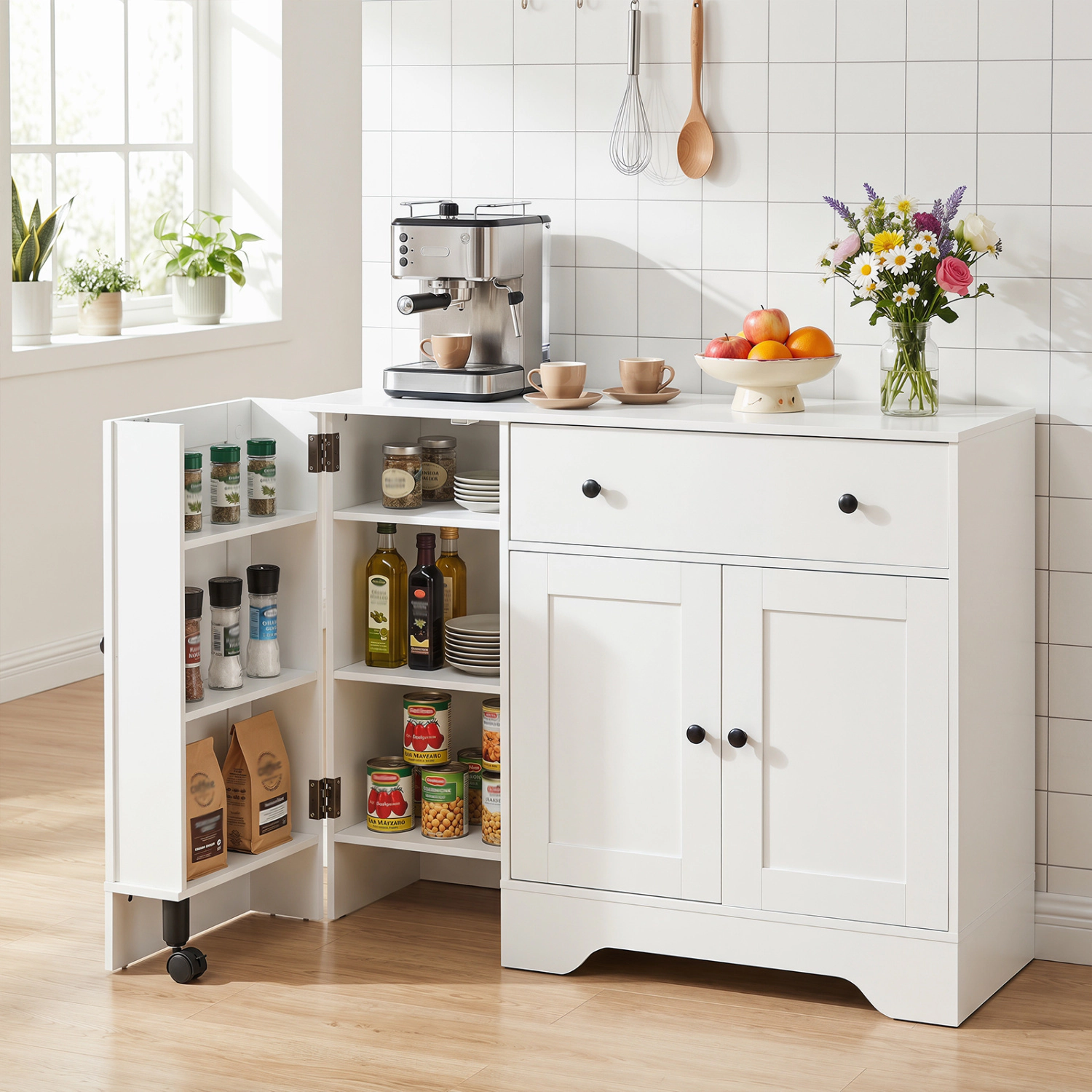 LJG 41.5" Modern Coffee Bar Cabinet with 3 Doors and Rolling Wheel