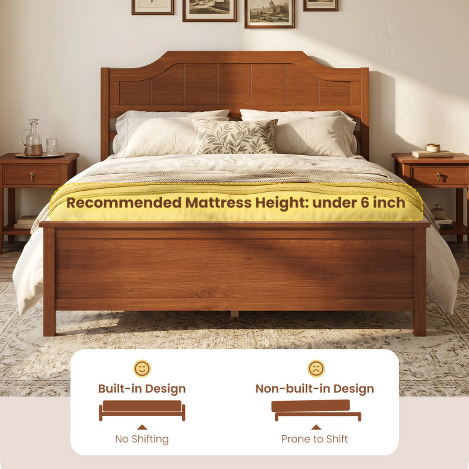 SUGIFT Walnut Arched Panel Headboard Solid Wood Platform Bed Frame