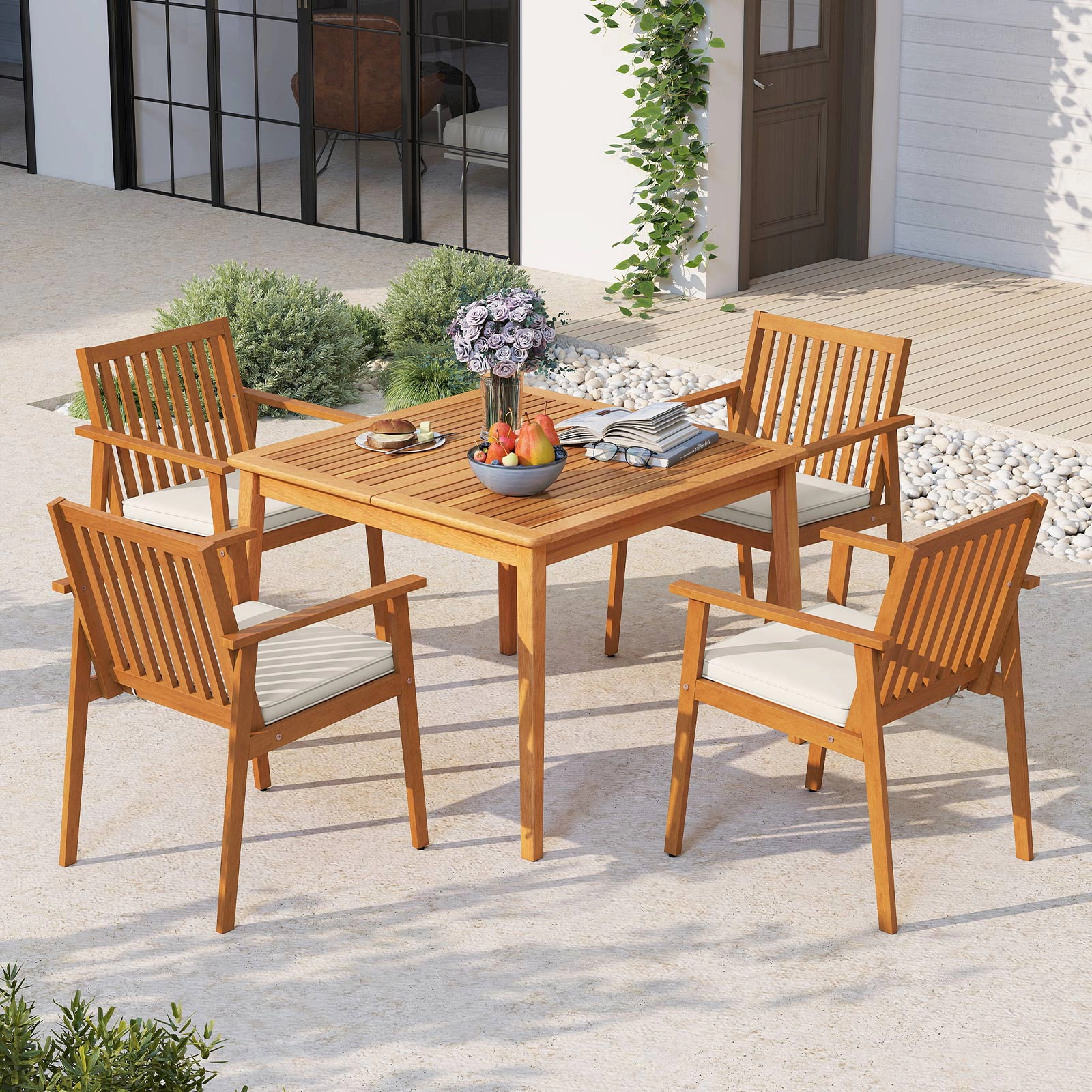 LJG 2 Pieces Patio Dining Chairs Outdoor Acacia Wood with Removable Padded Cushion
