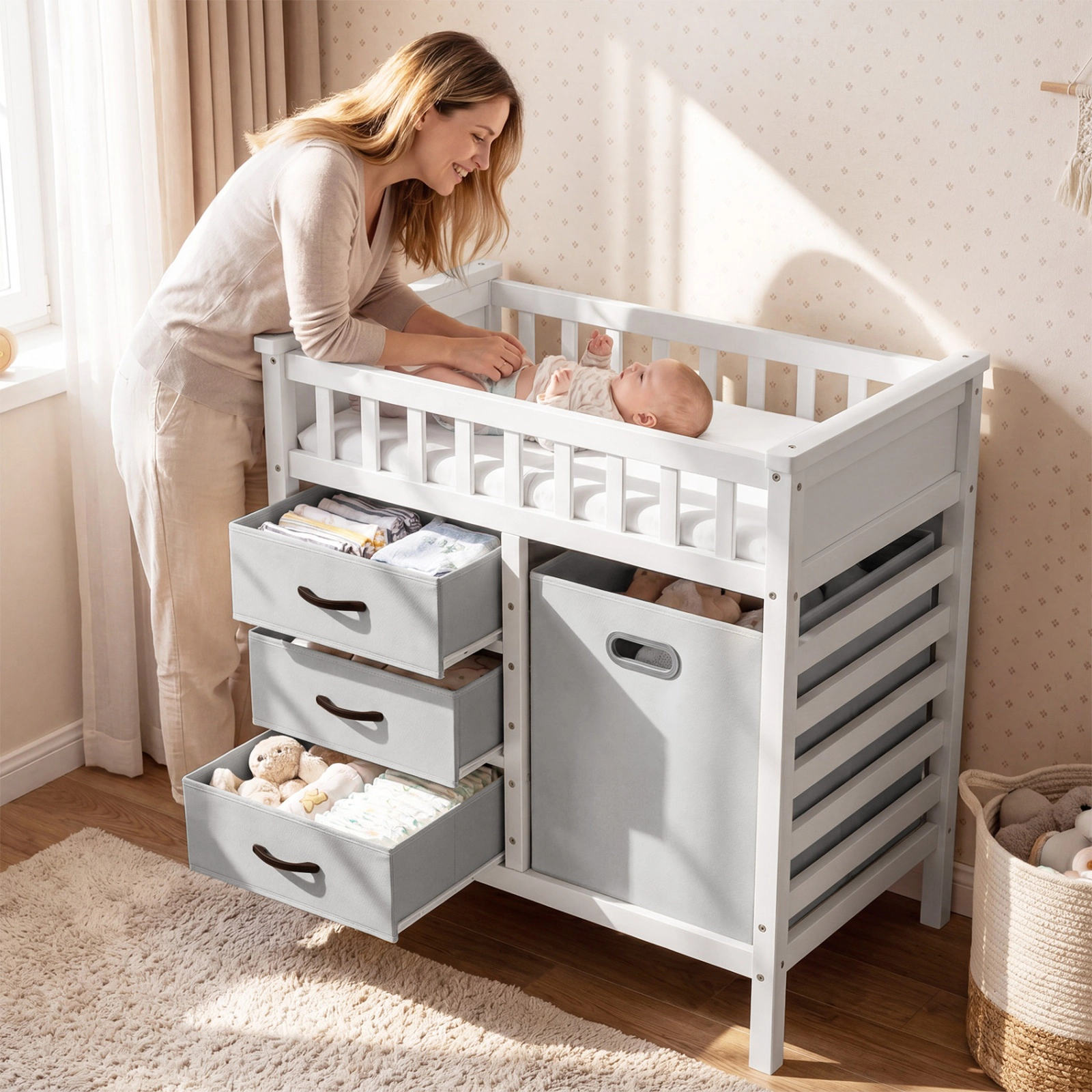 SUGIFT Gray 3 Fabric Drawers and Laundry Hamper Wooden Baby Changing Table