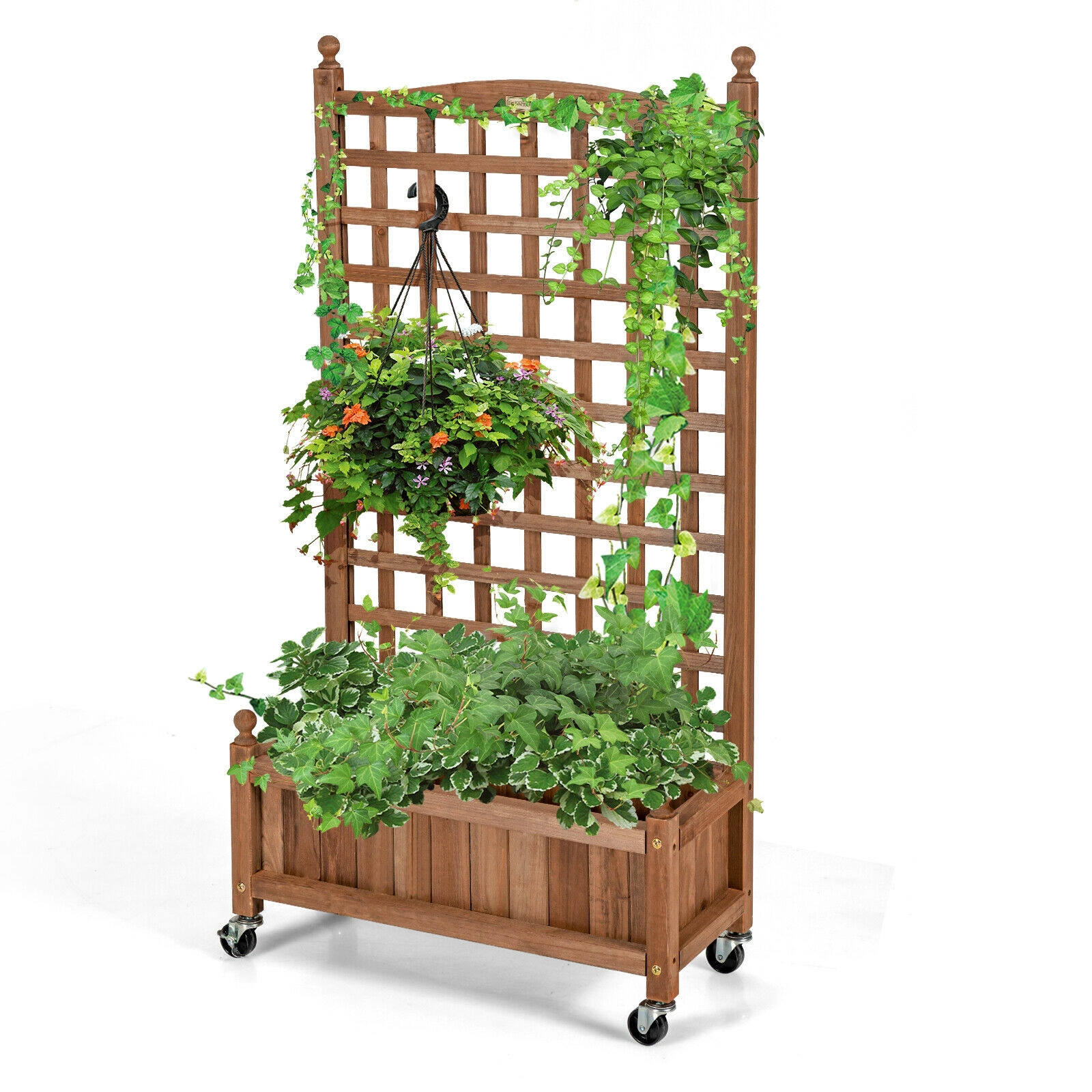 LJG 50 Inch Wood Planter Box with Trellis Mobile Raised Bed for Climbing Plant