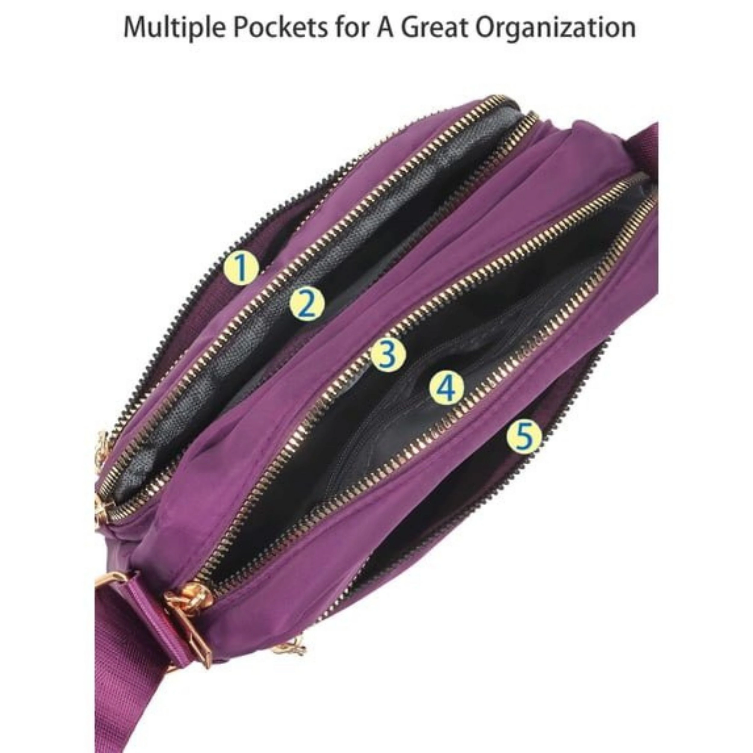 Home Collection Women’s Waterproof Nylon Crossbody Bag with 5 Zipper Pockets