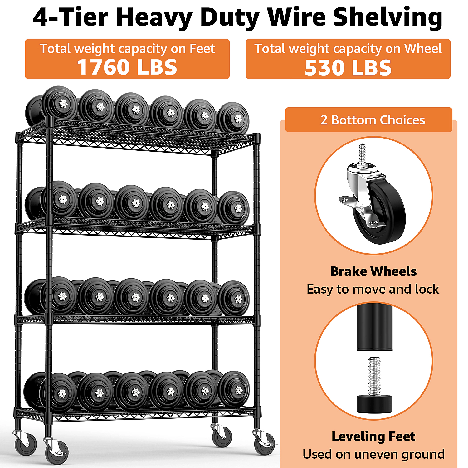 Flynama 4 Tier Black Industrial Metal Shelving 2640 lbs 53.1W x 23.6D x 73.6H in Adjustable Heavy Duty Storage Unit