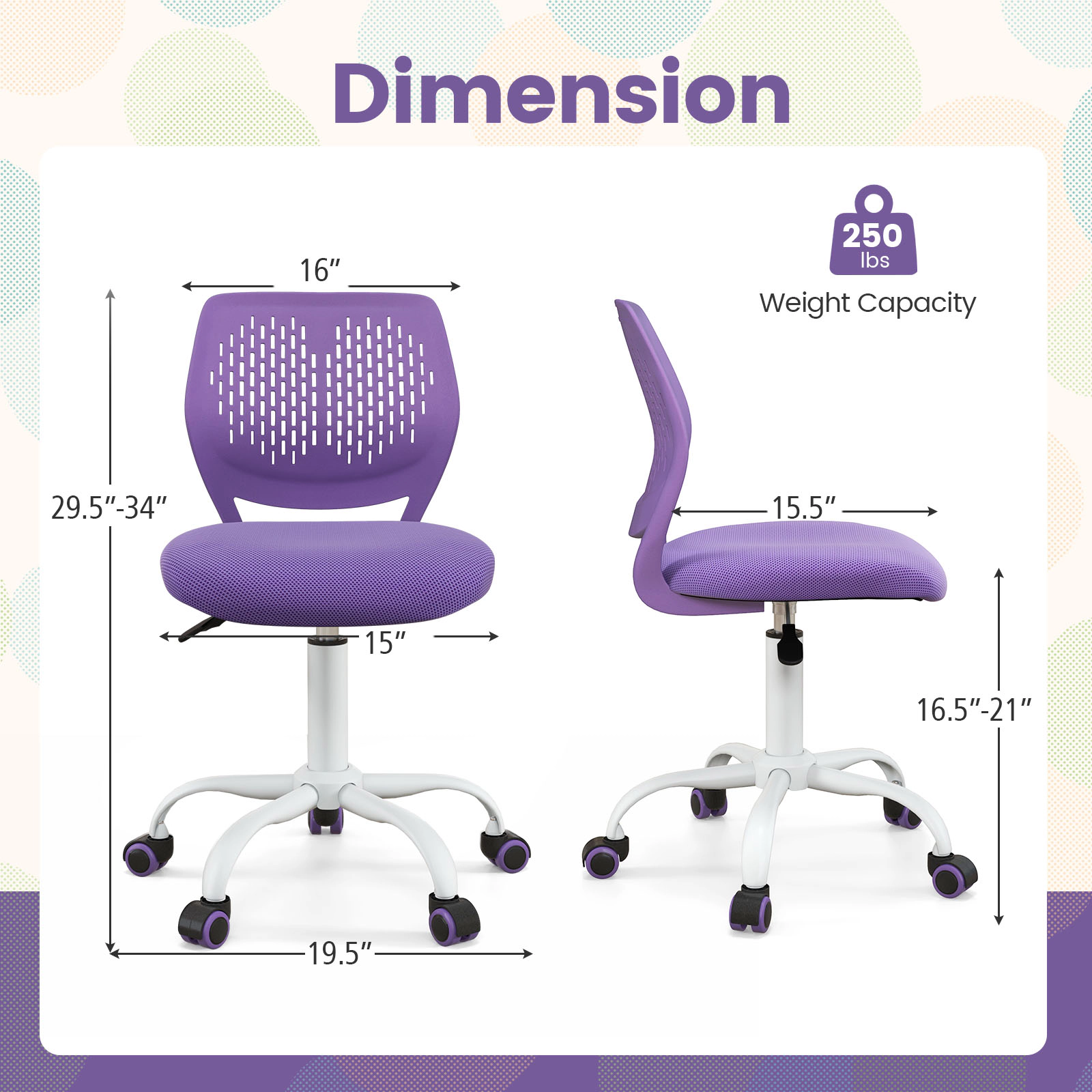 SUGIFT Ergonomic Mesh Kids Study Chair with Adjustable Height 250-lb Capacity Sponge Seat Ages Vary Purple